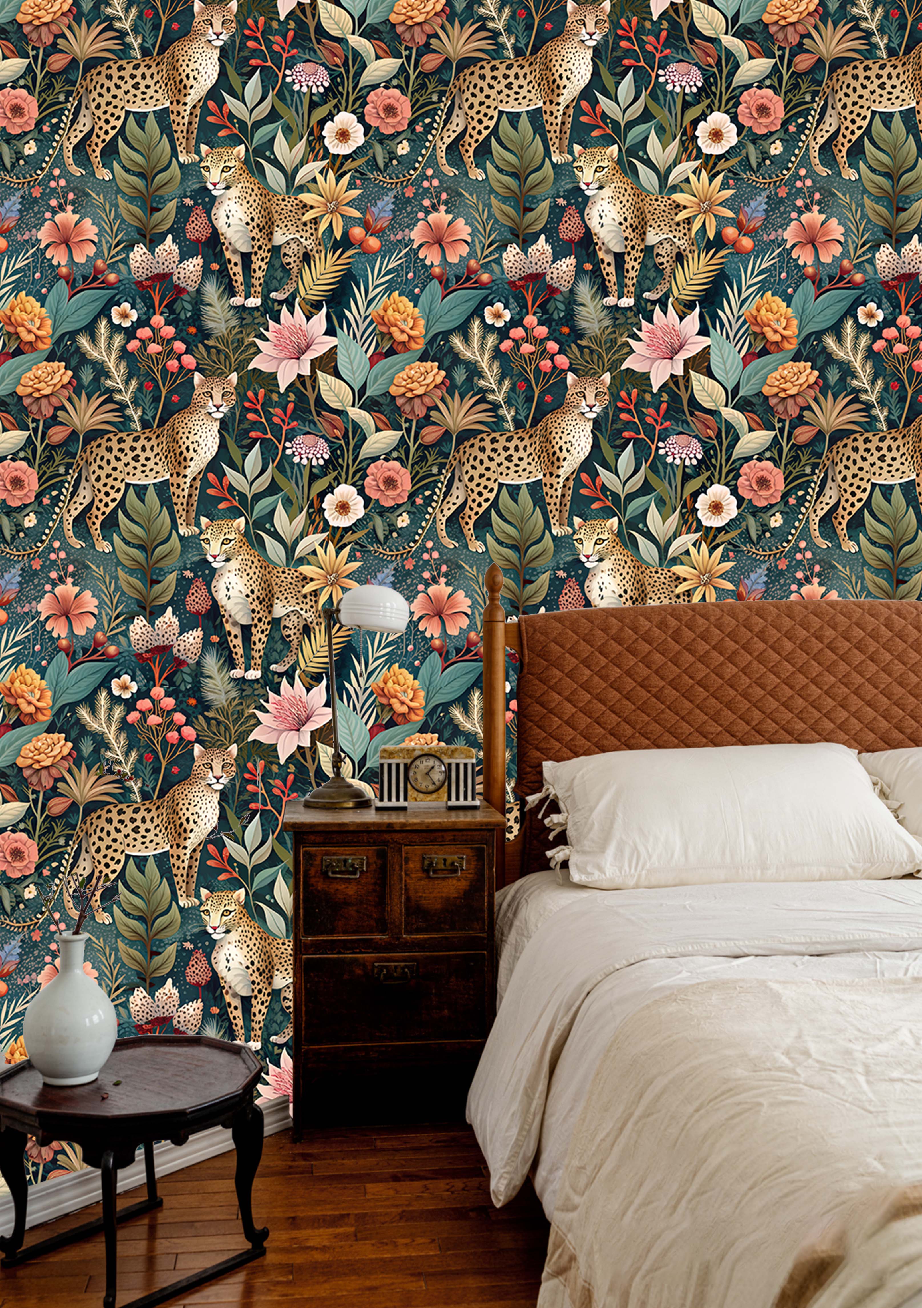 Floralplus Forest Peel and Stick Wallpaper Floral Jungle Leopard Animal Forest Removable Stick on Contact Paper for Home Decor Green/Brown/Pink