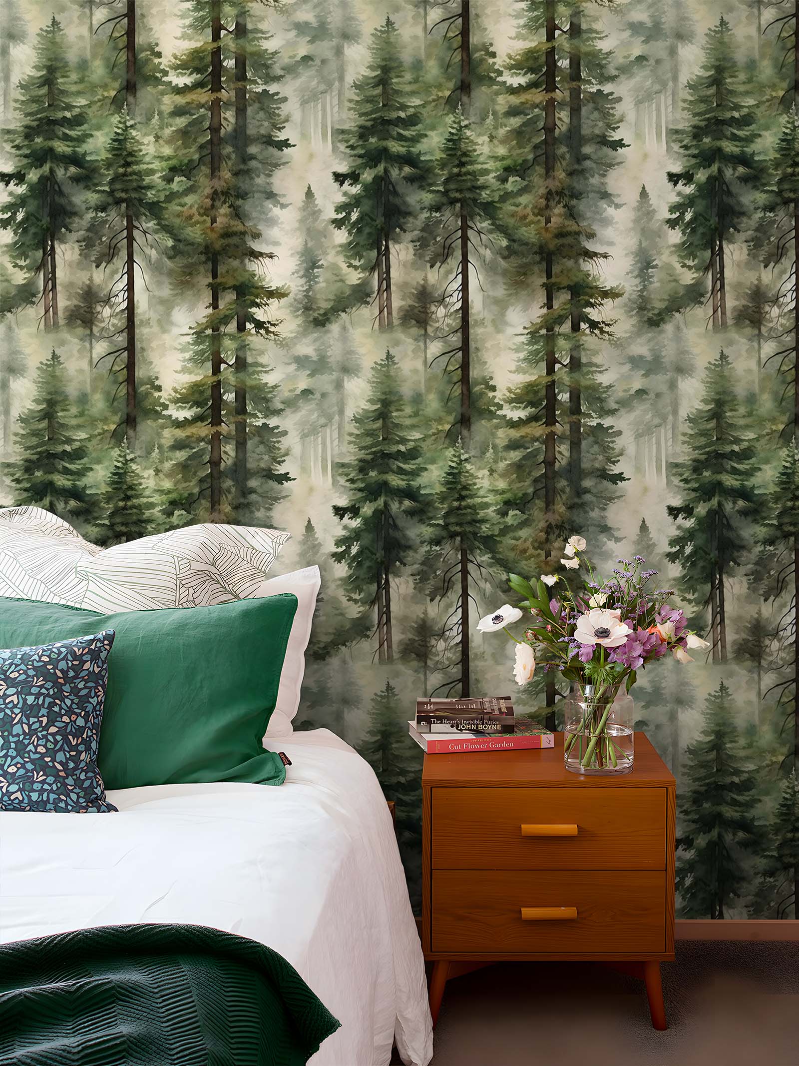 Floralplus Forest Peel and Stick Wallpaper Tree Wall Paper Wood Removable for Bedroom Green Contact Paper