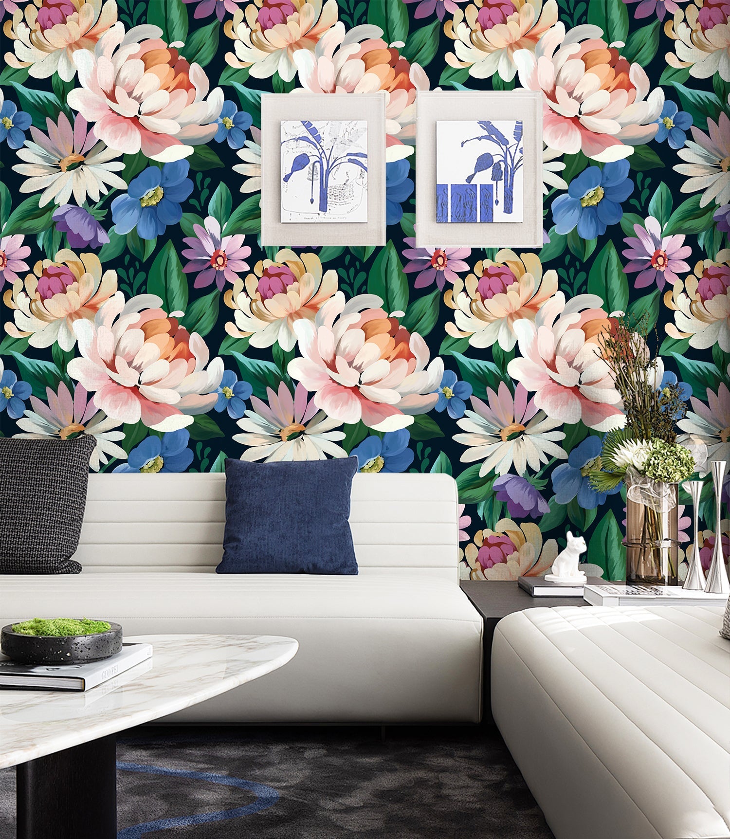Floralplus Navy Floral Peel and Stick Wallpaper, Large Painterly Peony Removable Wall Mural for Bedroom Living Room