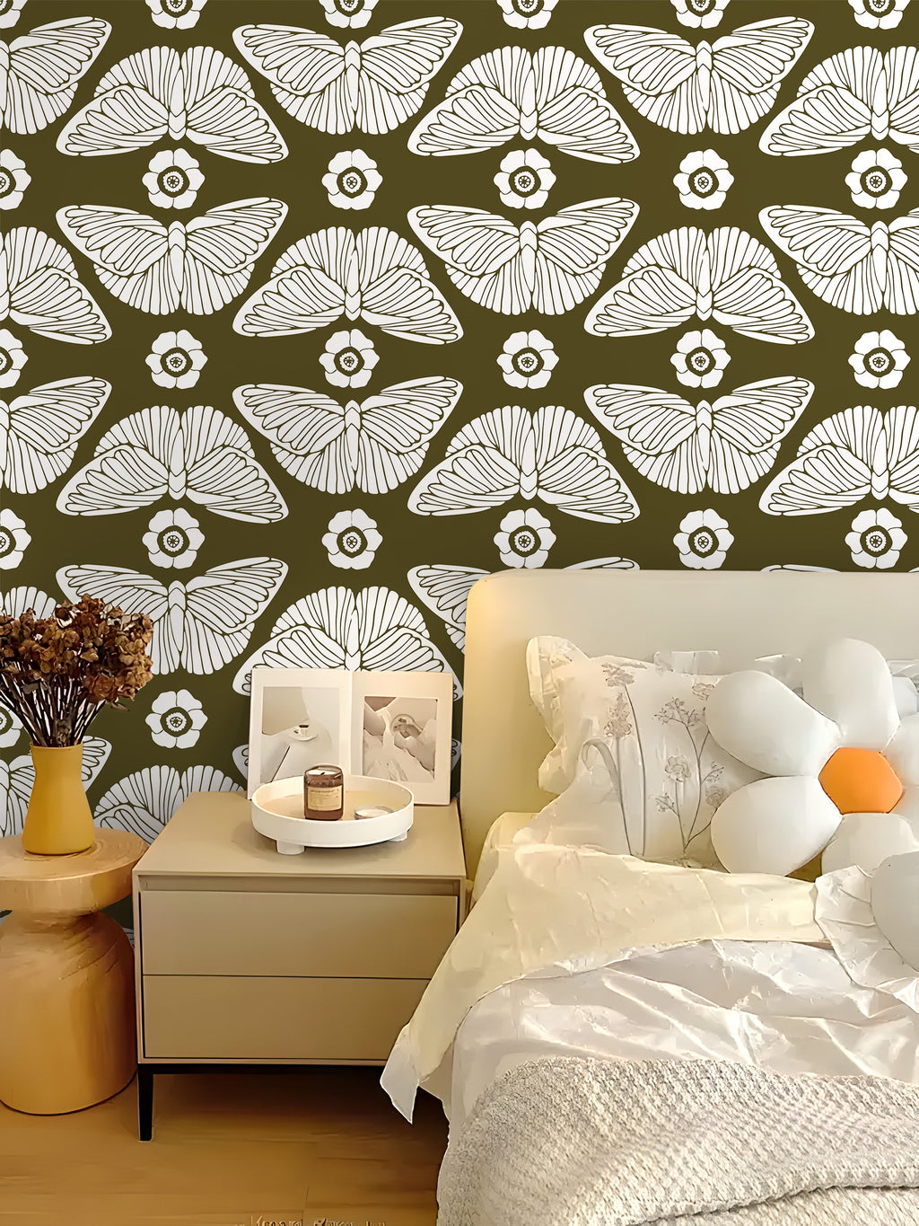 Floralplus Peel and Stick Butterfly Wallpaper Olive Green Boho Floral Removable Wall Decor Bathroom Bedroom Nursery Renter Friendly Accent Wall