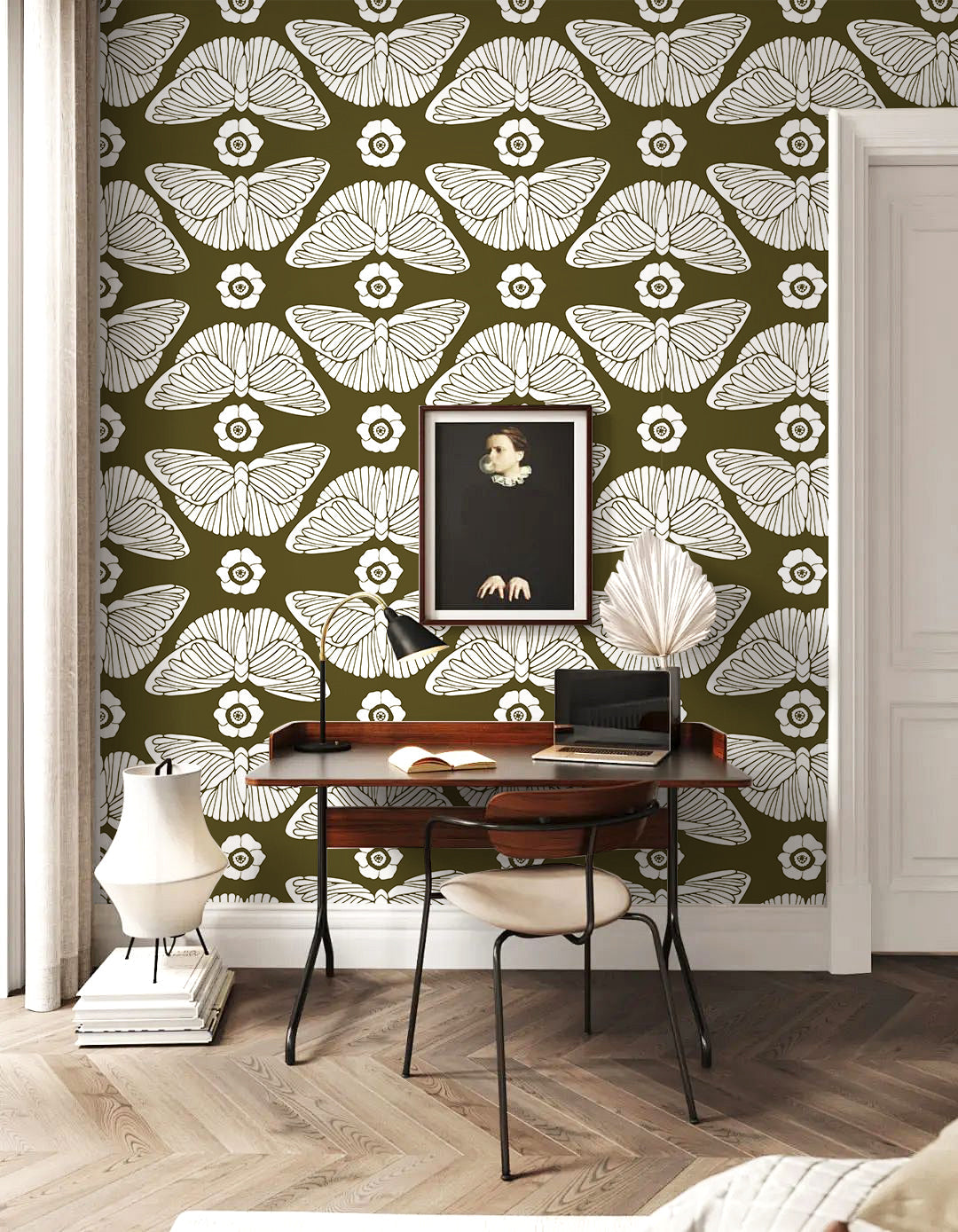 Floralplus Peel and Stick Butterfly Wallpaper Olive Green Boho Floral Removable Wall Decor Bathroom Bedroom Nursery Renter Friendly Accent Wall
