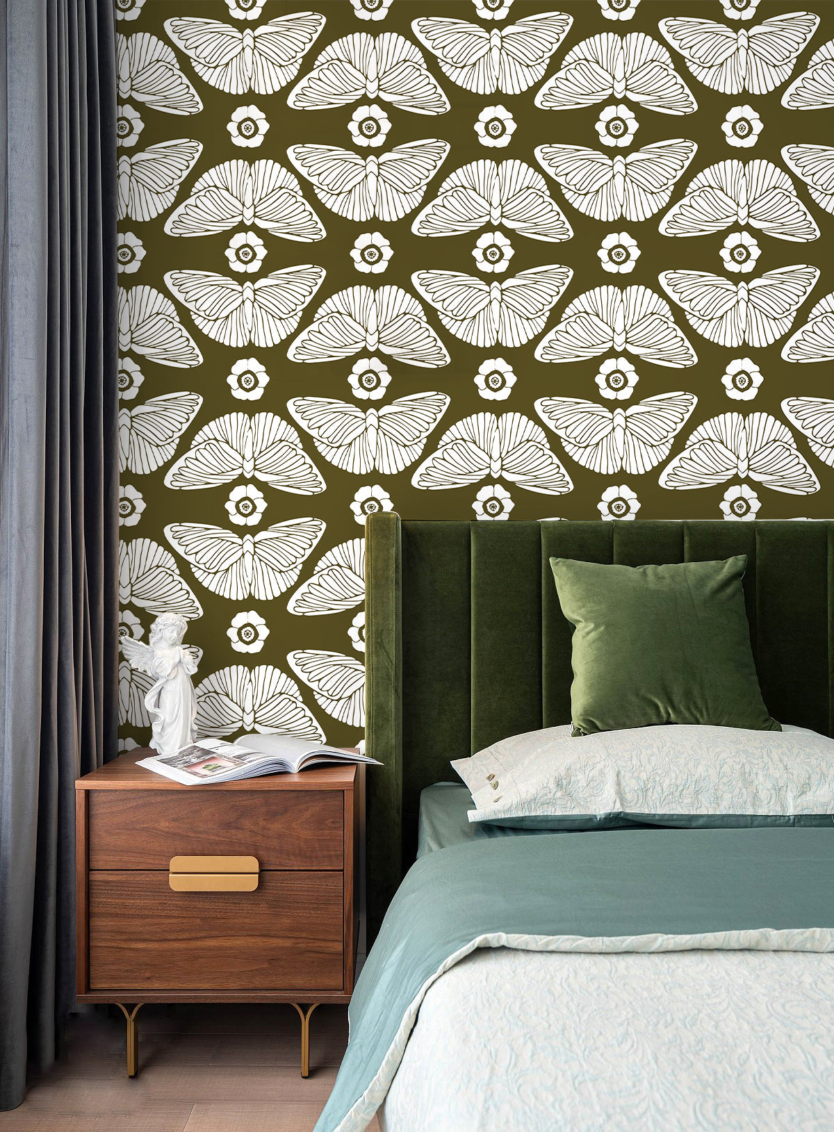 Floralplus Peel and Stick Butterfly Wallpaper Olive Green Boho Floral Removable Wall Decor Bathroom Bedroom Nursery Renter Friendly Accent Wall