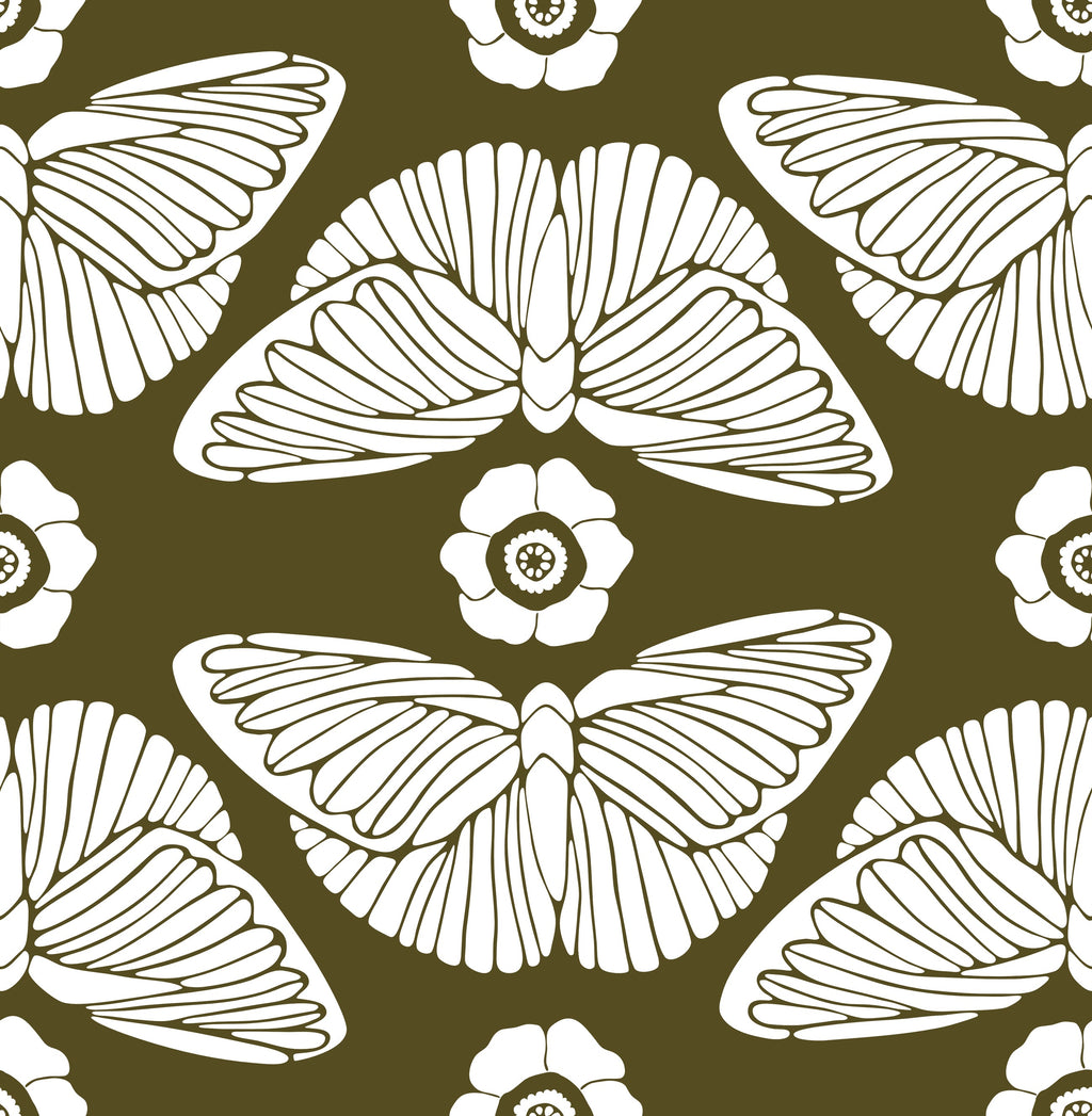 Floralplus Peel and Stick Butterfly Wallpaper Olive Green Boho Floral Removable Wall Decor Bathroom Bedroom Nursery Renter Friendly Accent Wall