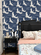 Floralplus Peel and Stick Crane Wallpaper Blue Japanese Bird Mural Oriental Cloud Pattern Removable Wall Decor for Bedroom Living Room Bathroom