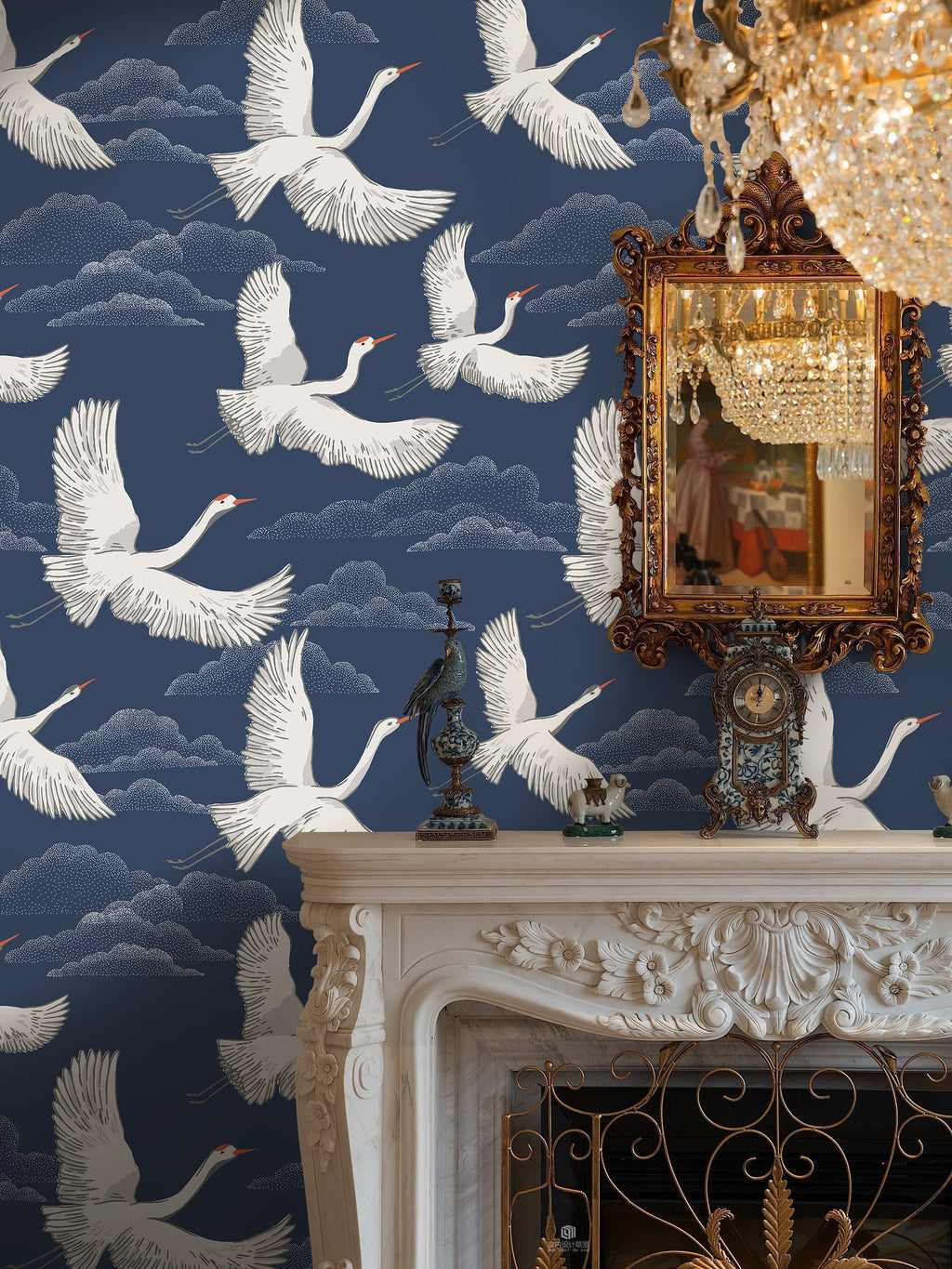 Floralplus Peel and Stick Crane Wallpaper Blue Japanese Bird Mural Oriental Cloud Pattern Removable Wall Decor for Bedroom Living Room Bathroom