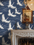 Floralplus Peel and Stick Crane Wallpaper Blue Japanese Bird Mural Oriental Cloud Pattern Removable Wall Decor for Bedroom Living Room Bathroom