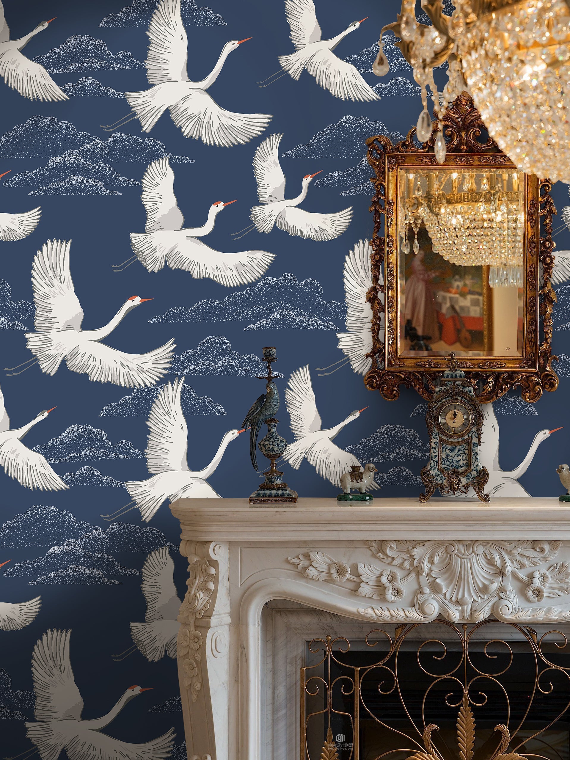 Floralplus Peel and Stick Crane Wallpaper Blue Japanese Bird Mural Oriental Cloud Pattern Removable Wall Decor for Bedroom Living Room Bathroom