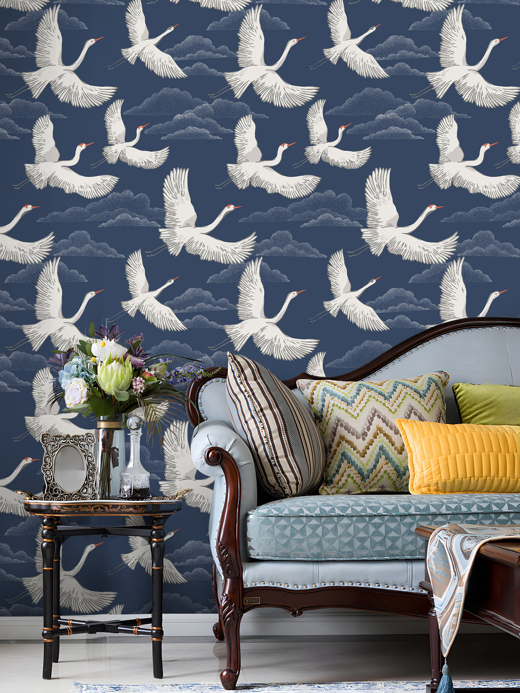 Floralplus Peel and Stick Crane Wallpaper Blue Japanese Bird Mural Oriental Cloud Pattern Removable Wall Decor for Bedroom Living Room Bathroom