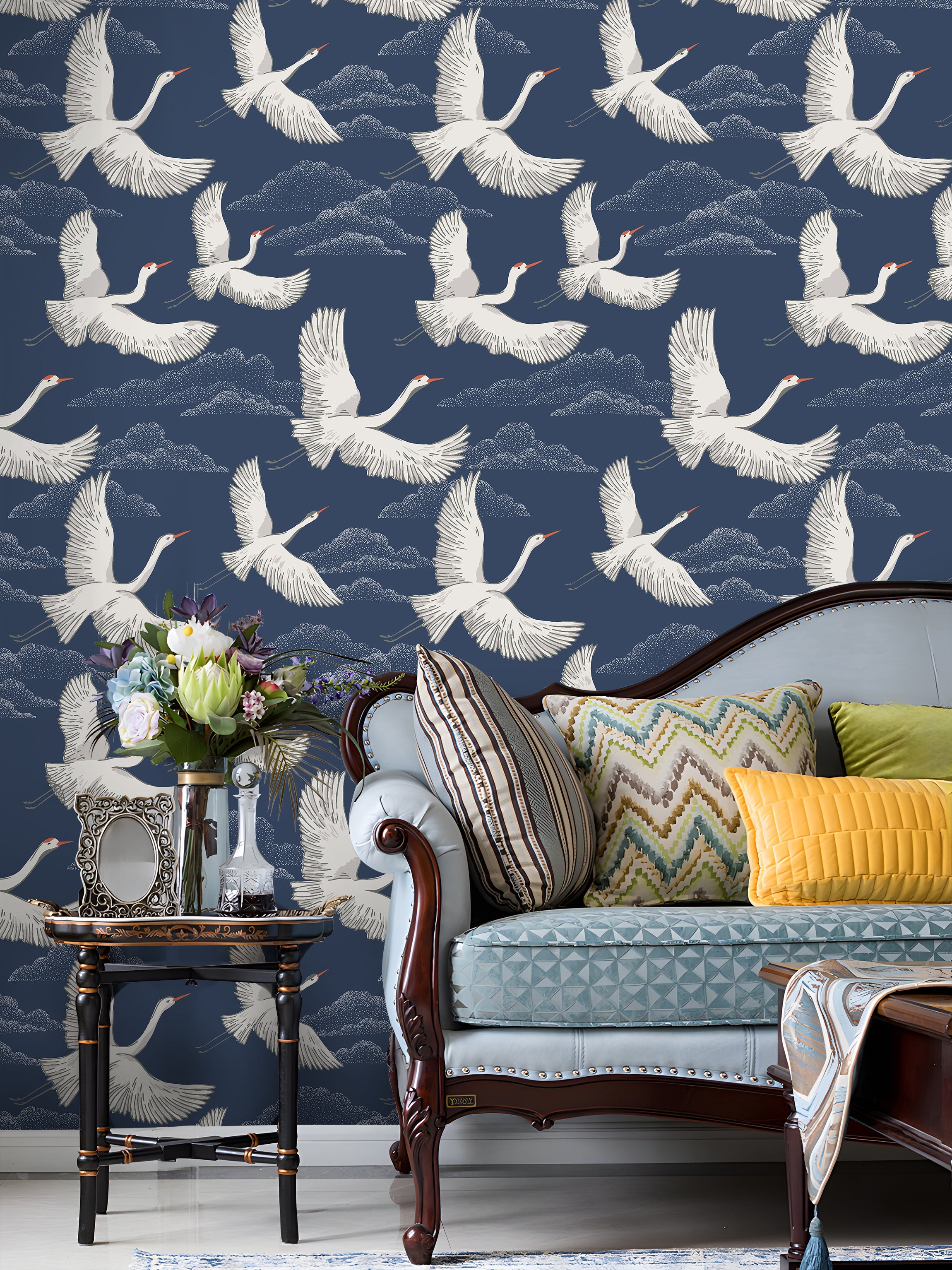 Floralplus Peel and Stick Crane Wallpaper Blue Japanese Bird Mural Oriental Cloud Pattern Removable Wall Decor for Bedroom Living Room Bathroom