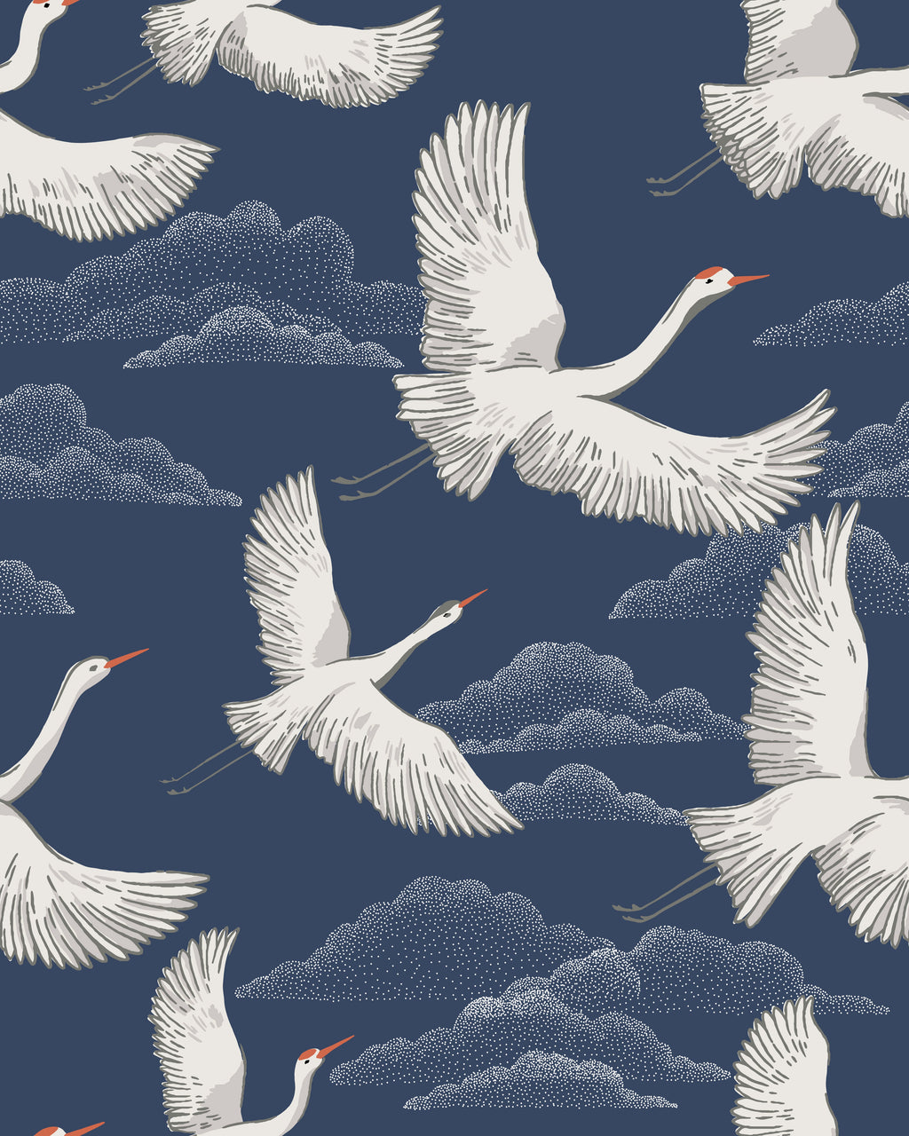 Floralplus Peel and Stick Crane Wallpaper Blue Japanese Bird Mural Oriental Cloud Pattern Removable Wall Decor for Bedroom Living Room Bathroom