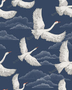 Floralplus Peel and Stick Crane Wallpaper Blue Japanese Bird Mural Oriental Cloud Pattern Removable Wall Decor for Bedroom Living Room Bathroom