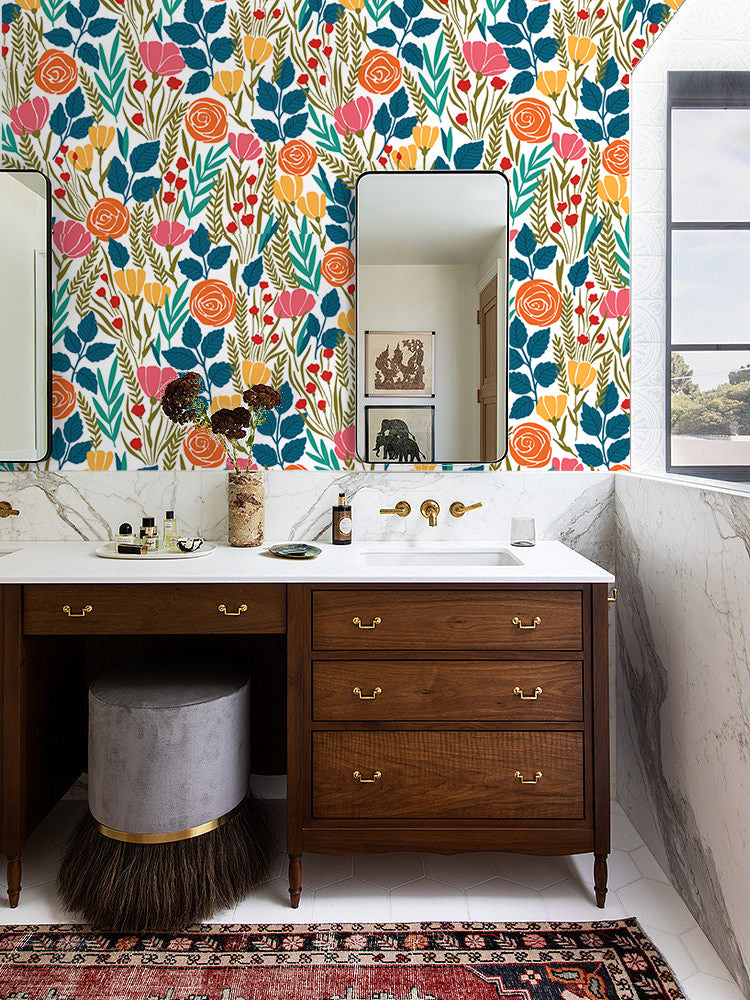 Floralplus Peel and Stick Floral Wallpaper Colorful Retro Botanical Rose Wildflower Boho Bright Multicolor Wall Decor Removable for Bedroom Bathroom