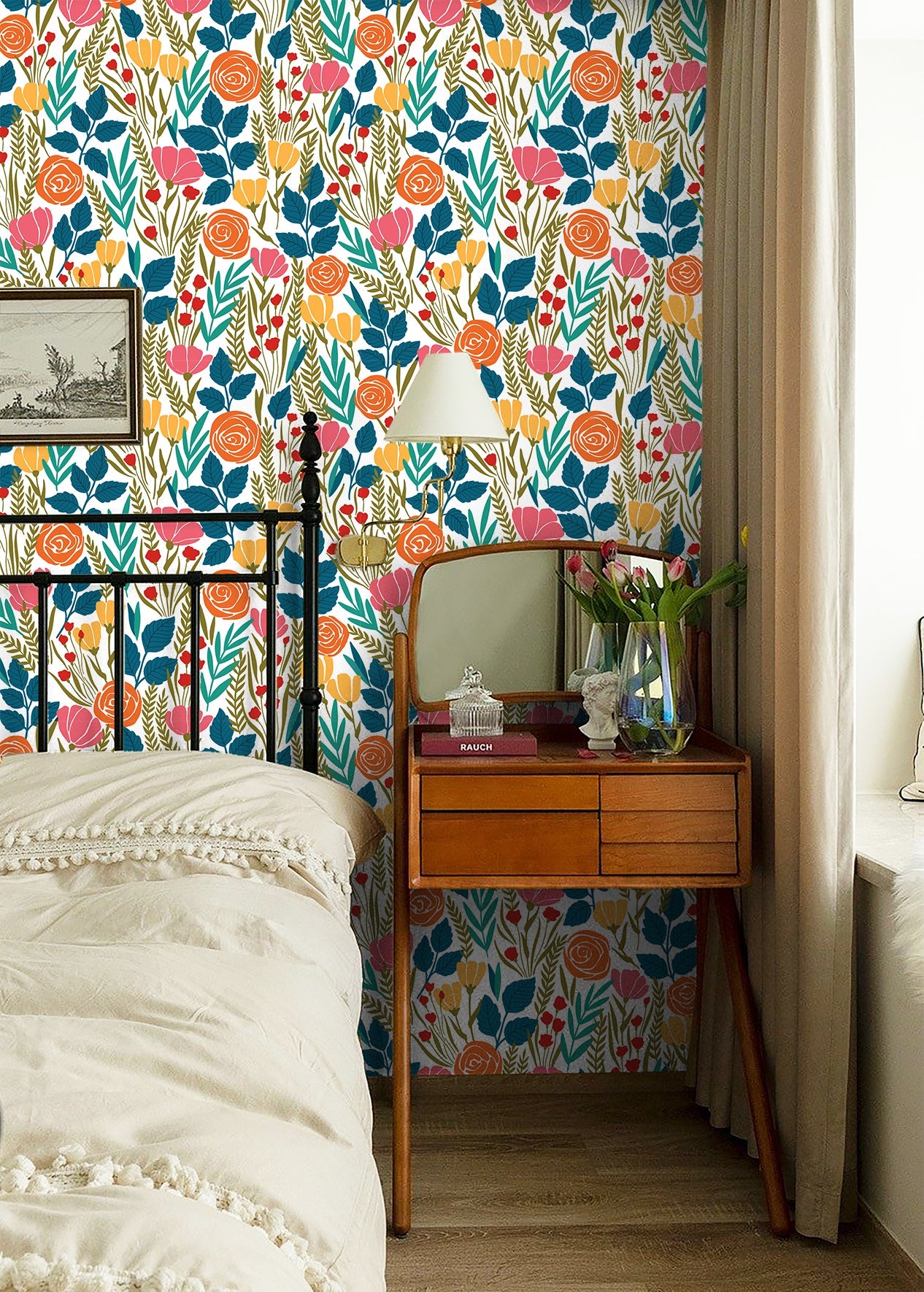 Floralplus Peel and Stick Floral Wallpaper Colorful Retro Botanical Rose Wildflower Boho Bright Multicolor Wall Decor Removable for Bedroom Bathroom