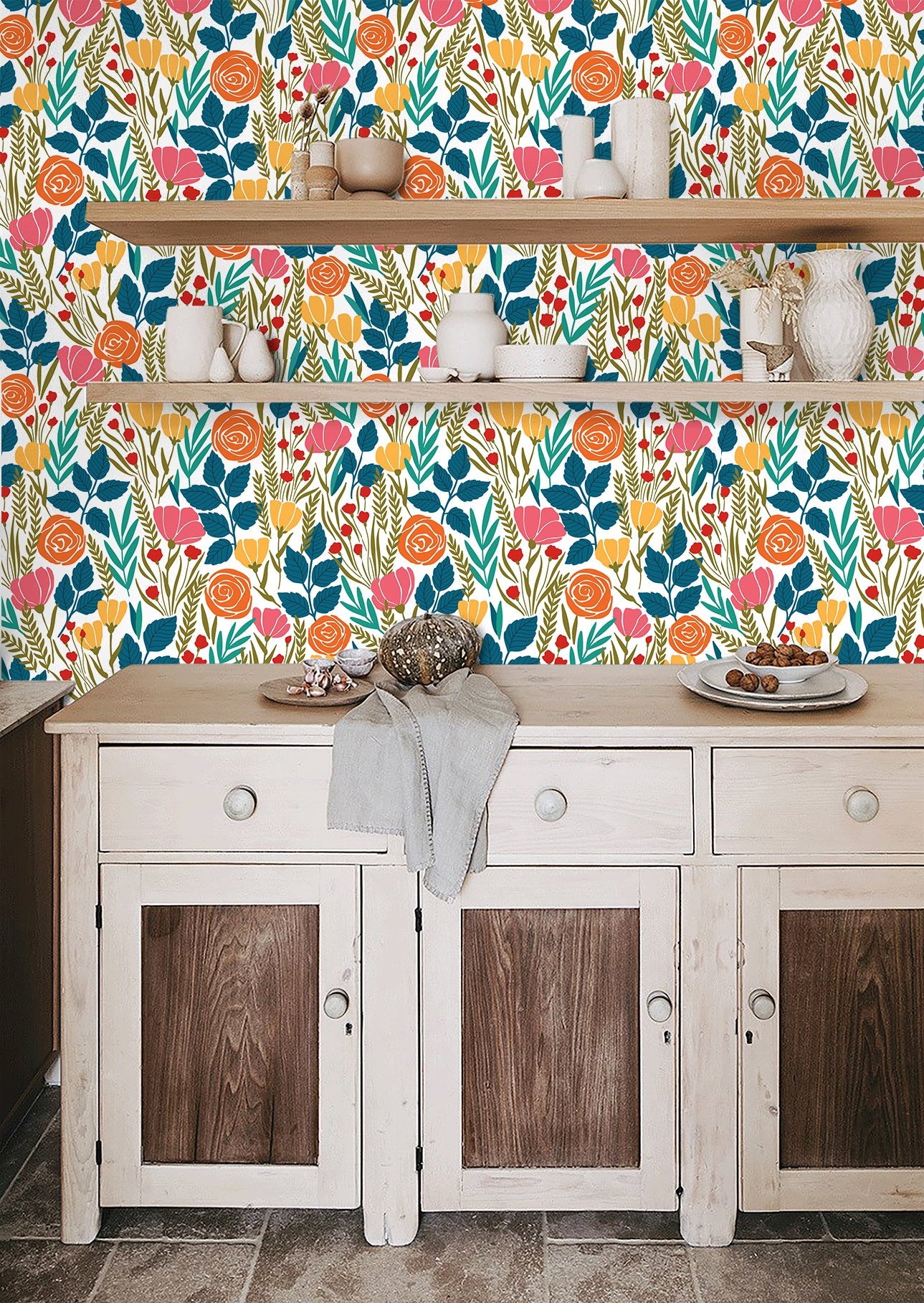 Floralplus Peel and Stick Floral Wallpaper Colorful Retro Botanical Rose Wildflower Boho Bright Multicolor Wall Decor Removable for Bedroom Bathroom