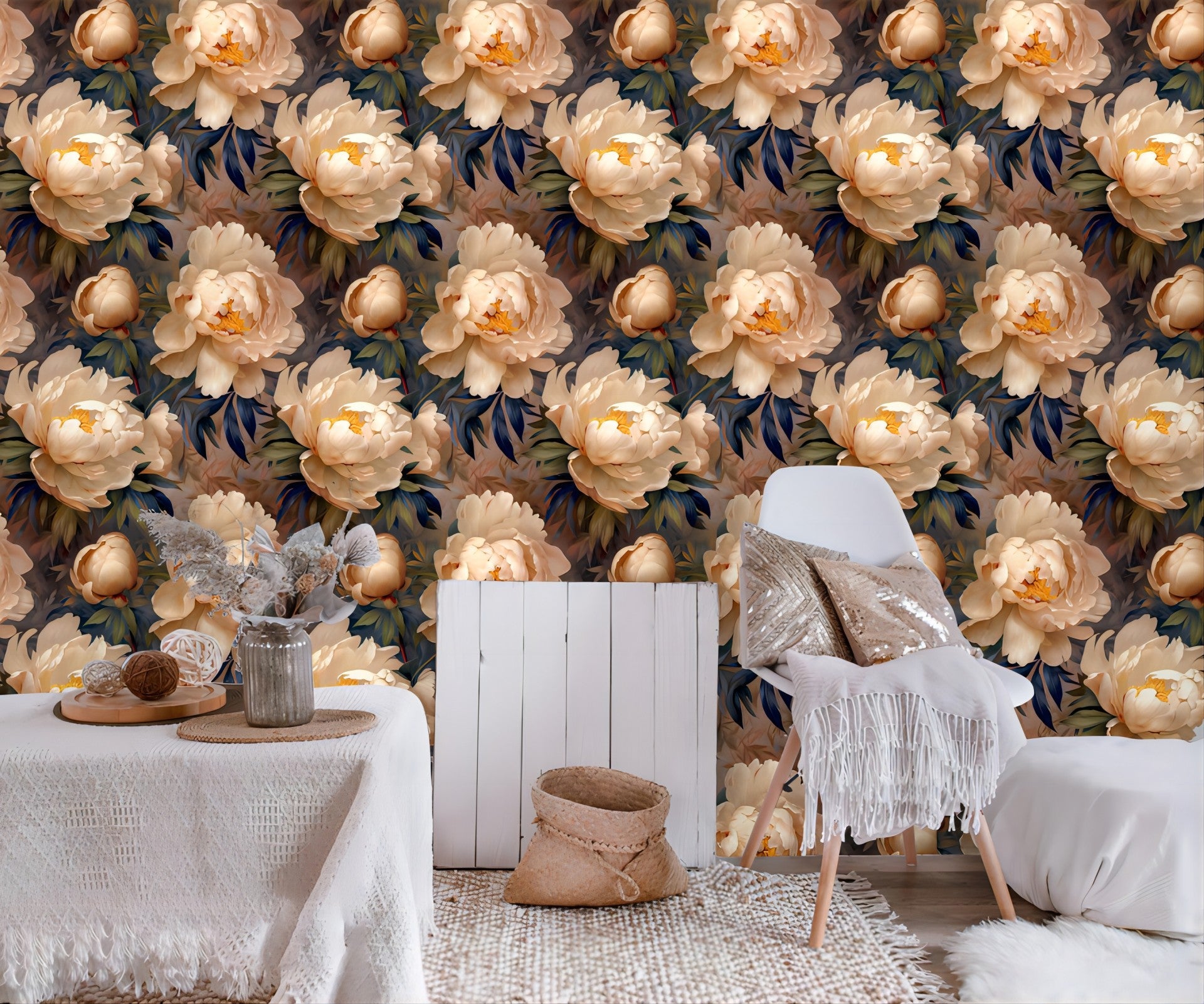 Floralplus Peel and Stick Floral Wallpaper Cream Peony Wall Mural Vintage Large Flower Wall Decor Bedroom Living Room Bathroom Removable