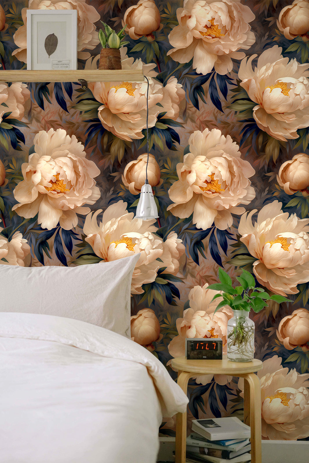 Floralplus Peel and Stick Floral Wallpaper Cream Peony Wall Mural Vintage Large Flower Wall Decor Bedroom Living Room Bathroom Removable