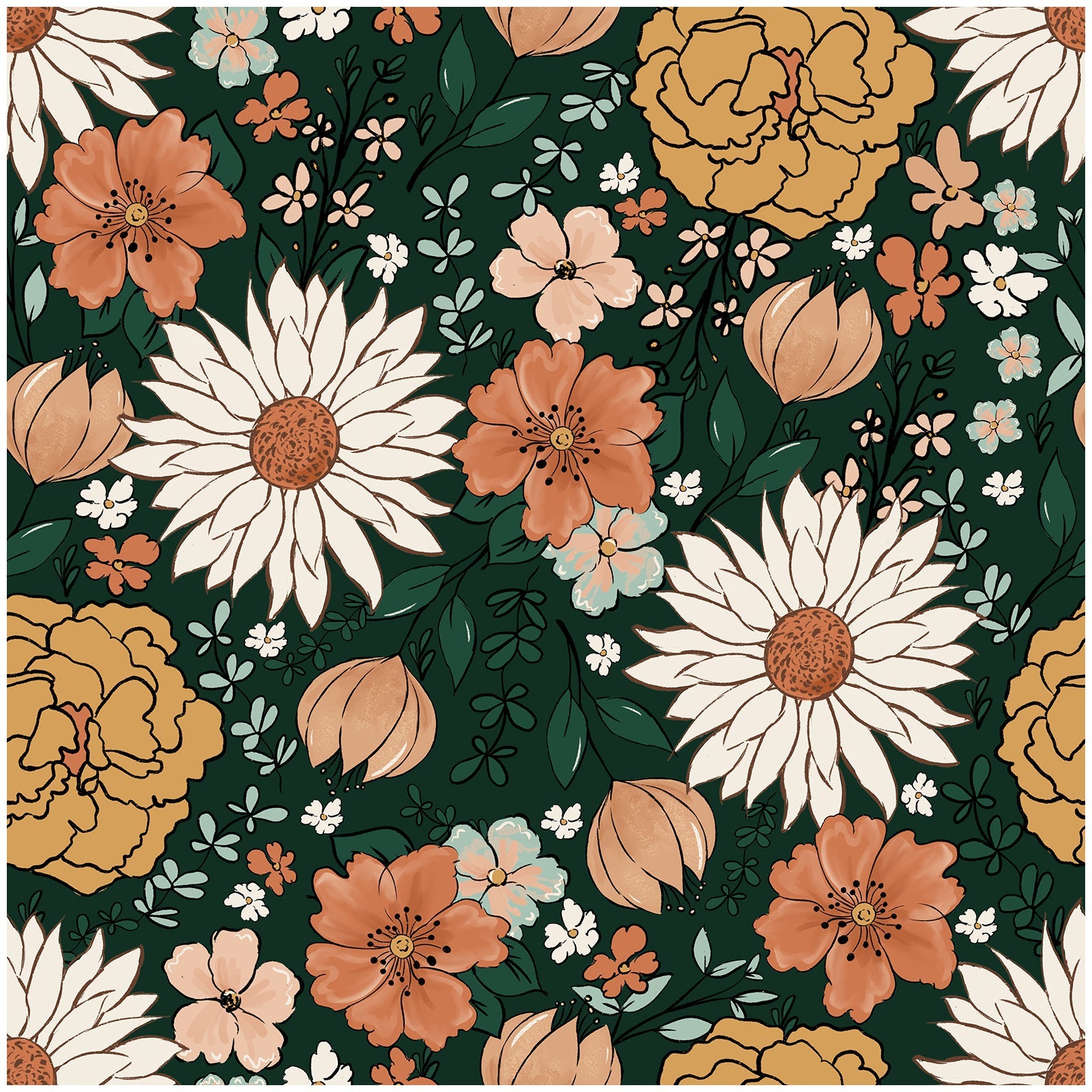 Floralplus Peel and Stick Floral Wallpaper Dark Green Boho Brown Peach Retro Daisy Wall Decor Bathroom Bedroom Nursery Removable Mural
