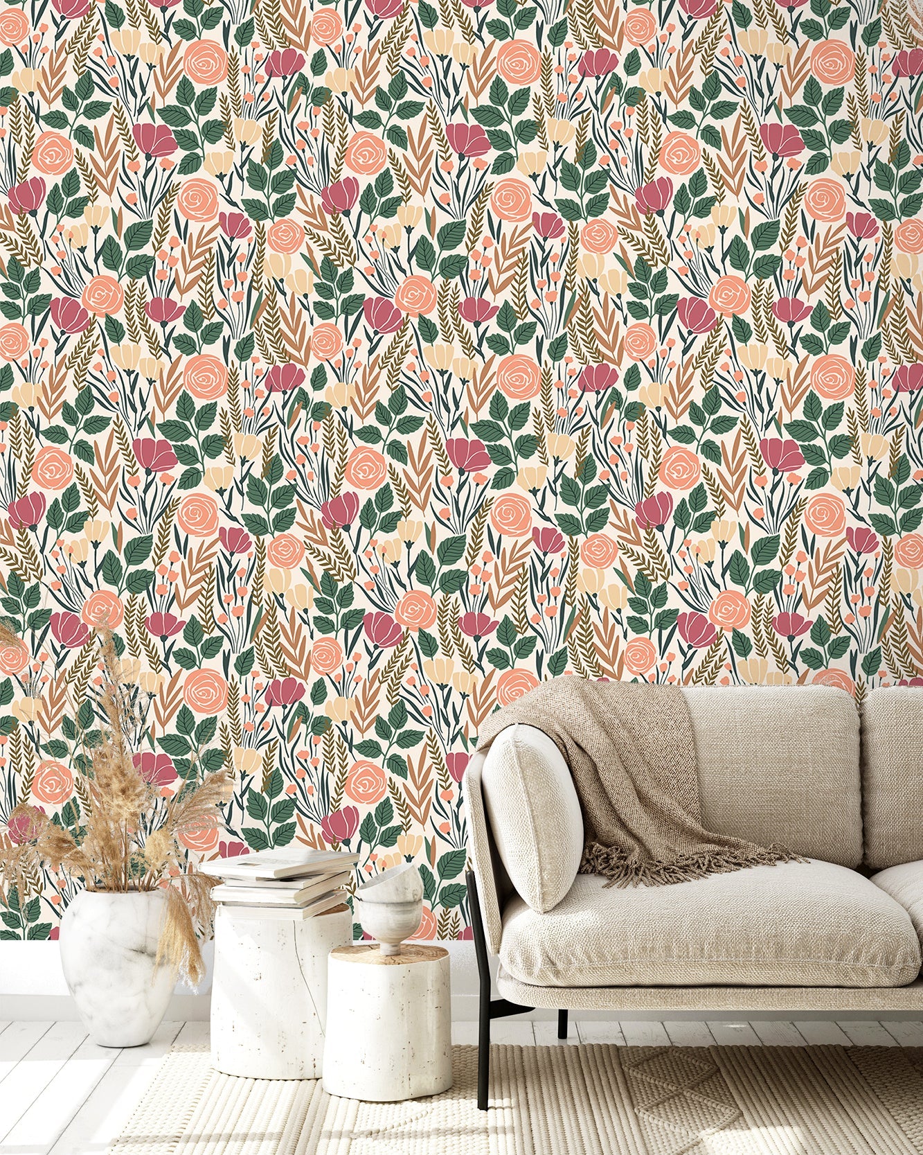 Floralplus Peel and Stick Floral Wallpaper Vintage Rose Botanical Beige Boho Farmhouse Wall Decor Removable Self Adhesive Bedroom Bathroom