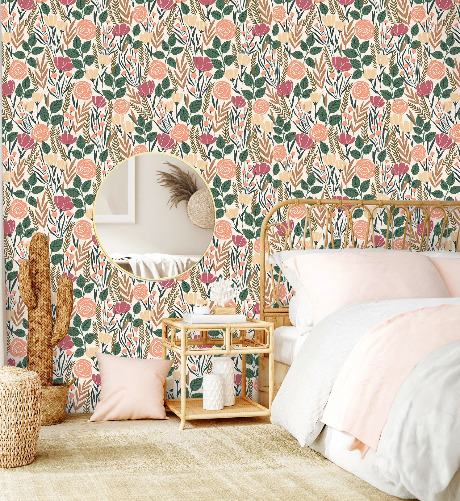 Floralplus Peel and Stick Floral Wallpaper Vintage Rose Botanical Beige Boho Farmhouse Wall Decor Removable Self Adhesive Bedroom Bathroom