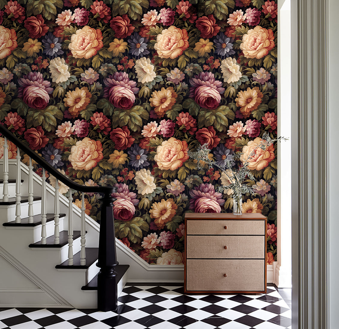 Floralplus Peel and Stick Vintage Wallpaper Floral Peony Wall Paper Pink/Green/Saffron Removable Renter Friendly Contact Paper for Home Decor