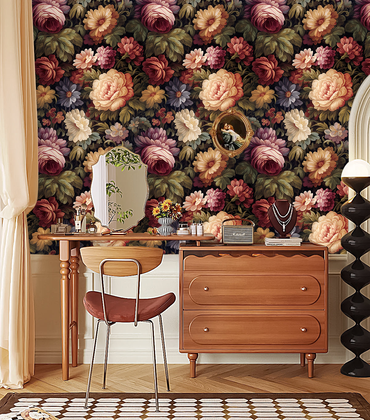 Floralplus Peel and Stick Vintage Wallpaper Floral Peony Wall Paper Pink/Green/Saffron Removable Renter Friendly Contact Paper for Home Decor