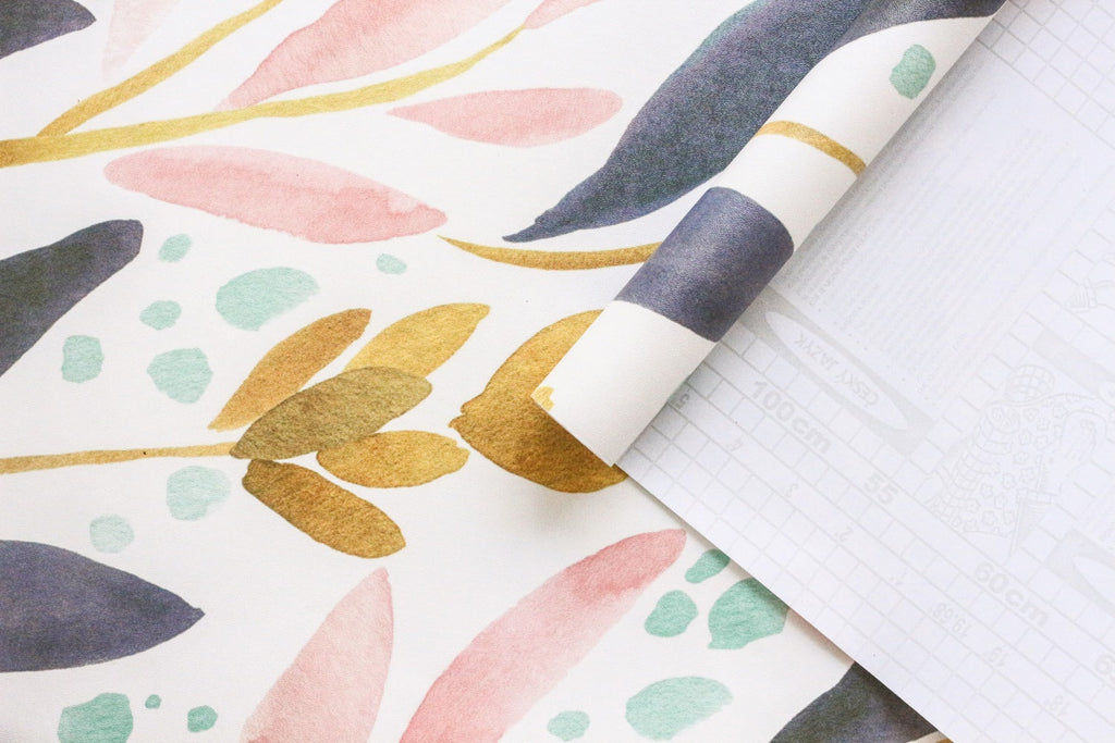 Floralplus Peel and Stick Wallpaper Abstract Watercolor Leaf Pink Mustard Navy Teal Modern Boho Removable Self Adhesive Wall Mural for Bathroom Bedroom Nursery