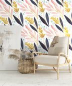 Floralplus Peel and Stick Wallpaper Abstract Watercolor Leaf Pink Mustard Navy Teal Modern Boho Removable Self Adhesive Wall Mural for Bathroom Bedroom Nursery