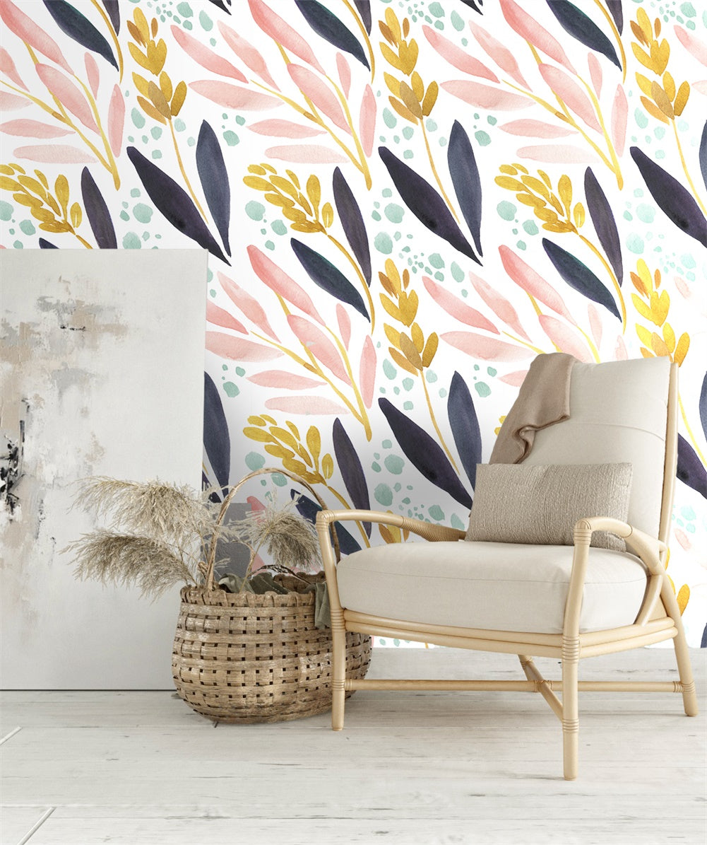 Floralplus Peel and Stick Wallpaper Abstract Watercolor Leaf Pink Mustard Navy Teal Modern Boho Removable Self Adhesive Wall Mural for Bathroom Bedroom Nursery