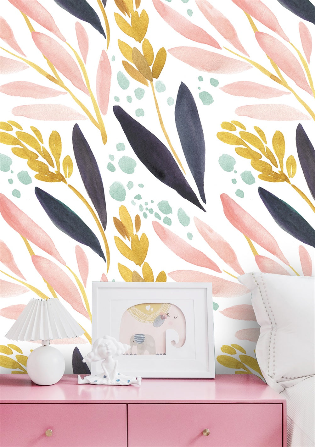 Floralplus Peel and Stick Wallpaper Abstract Watercolor Leaf Pink Mustard Navy Teal Modern Boho Removable Self Adhesive Wall Mural for Bathroom Bedroom Nursery