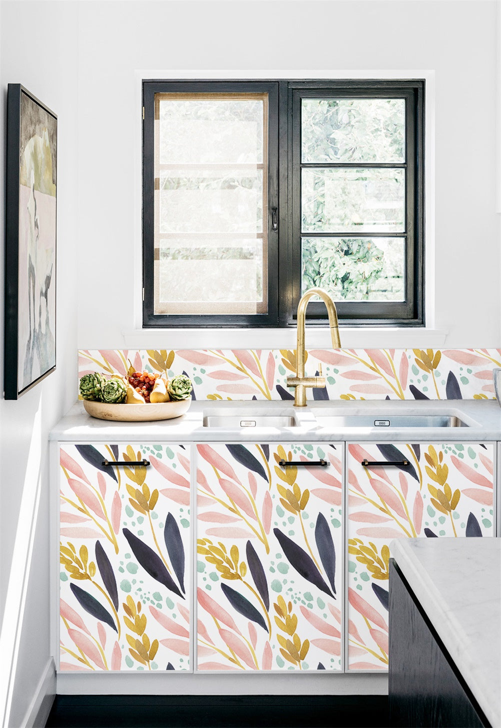 Floralplus Peel and Stick Wallpaper Abstract Watercolor Leaf Pink Mustard Navy Teal Modern Boho Removable Self Adhesive Wall Mural for Bathroom Bedroom Nursery