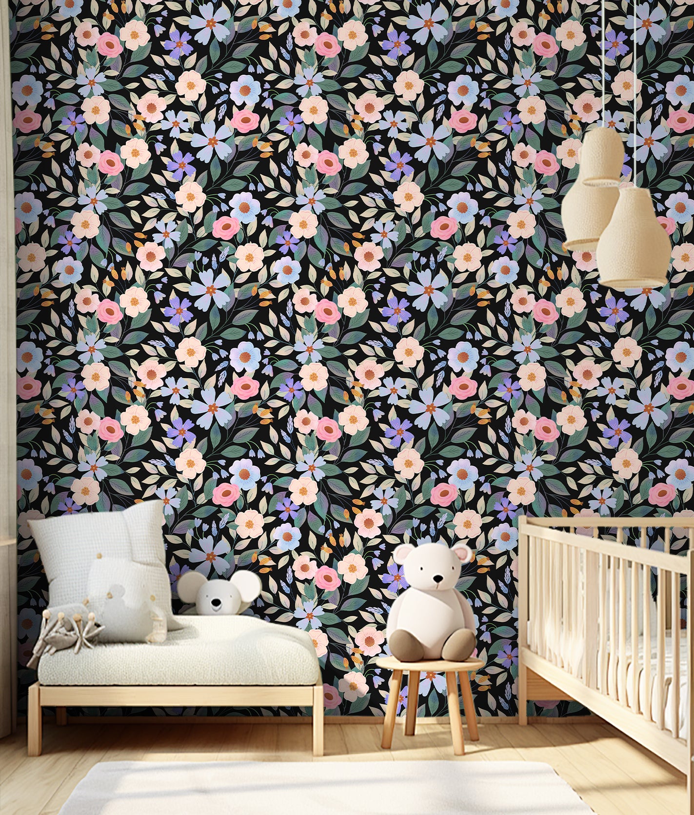 Floralplus Peel and Stick Wallpaper Black Floral Pastel Pink Blue Botanical Boho Removable Self Adhesive Wall Mural for Bedroom Living Room Nursery