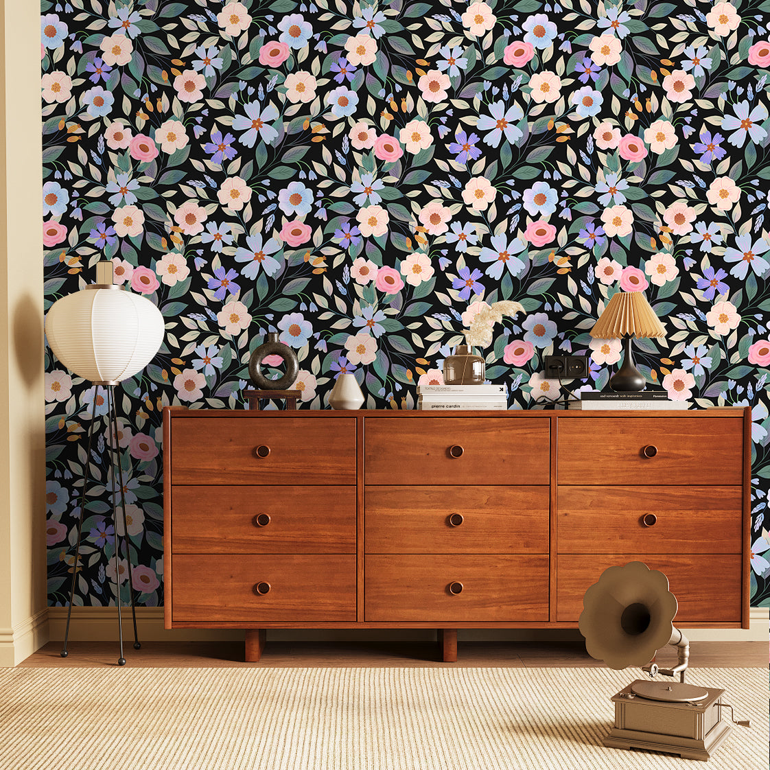 Floralplus Peel and Stick Wallpaper Black Floral Pastel Pink Blue Botanical Boho Removable Self Adhesive Wall Mural for Bedroom Living Room Nursery