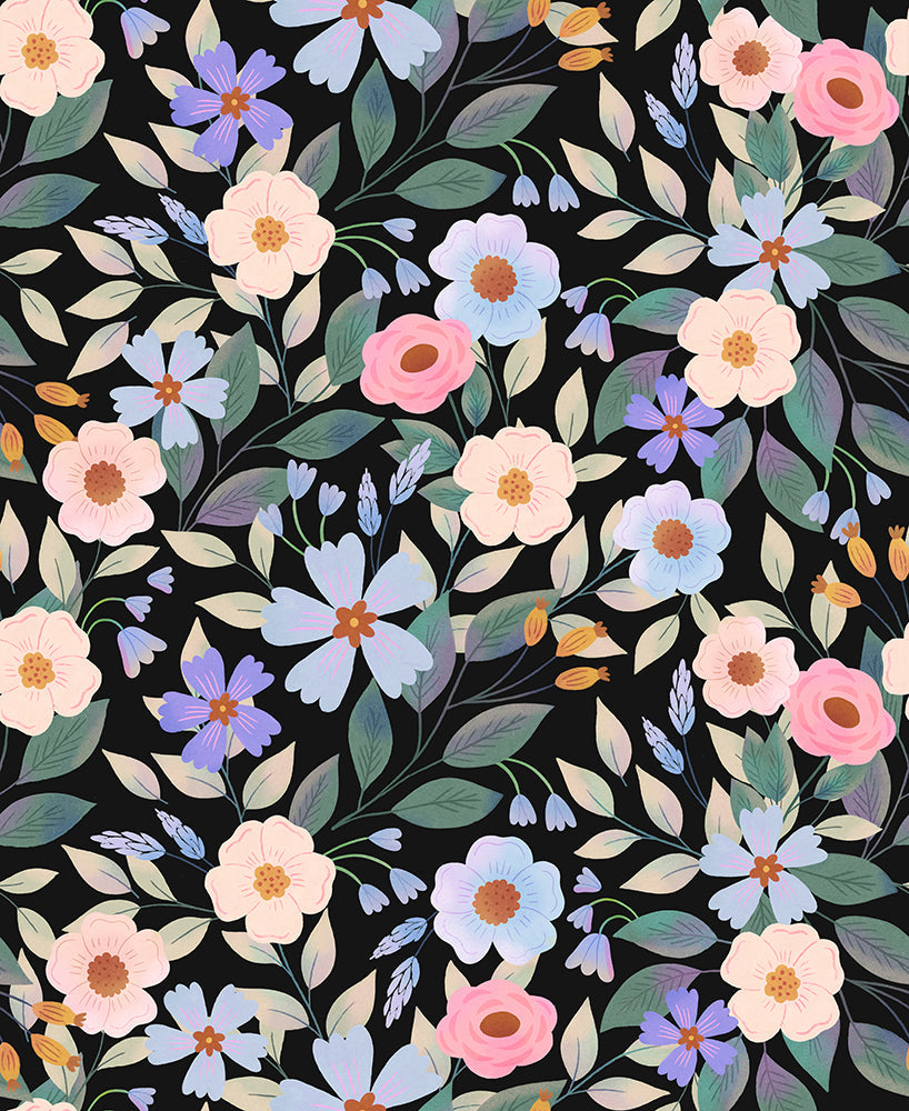 Floralplus Peel and Stick Wallpaper Black Floral Pastel Pink Blue Botanical Boho Removable Self Adhesive Wall Mural for Bedroom Living Room Nursery