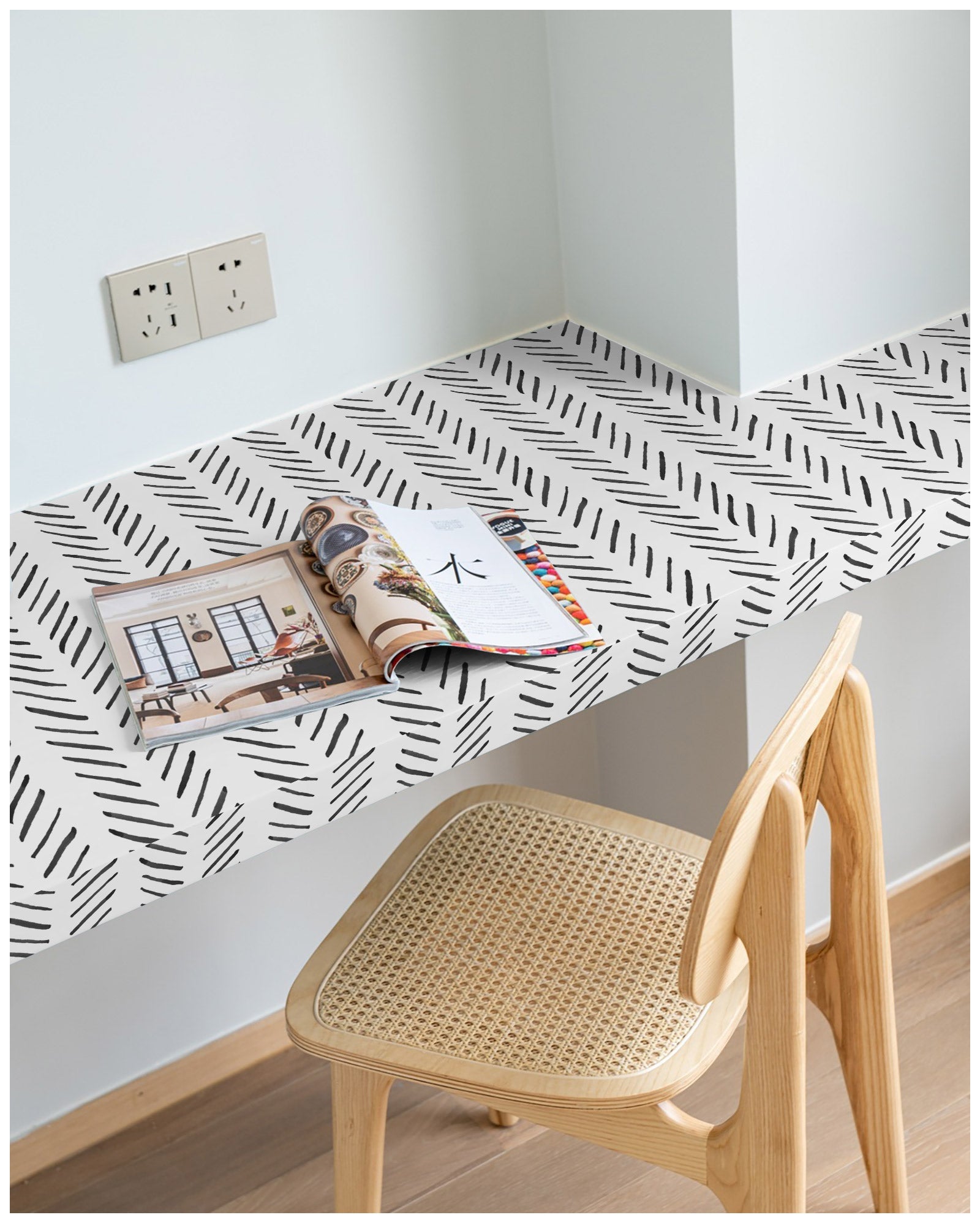 Floralplus Peel and Stick Wallpaper Black Gray Brush Stripe Herringbone Boho Watercolor Removable Self Adhesive Wall Mural for Bathroom Bedroom Living Room