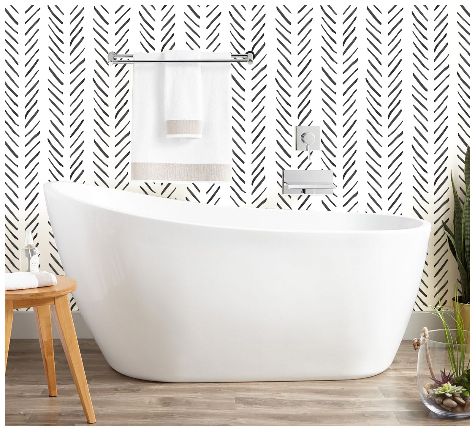 Floralplus Peel and Stick Wallpaper Black Gray Brush Stripe Herringbone Boho Watercolor Removable Self Adhesive Wall Mural for Bathroom Bedroom Living Room