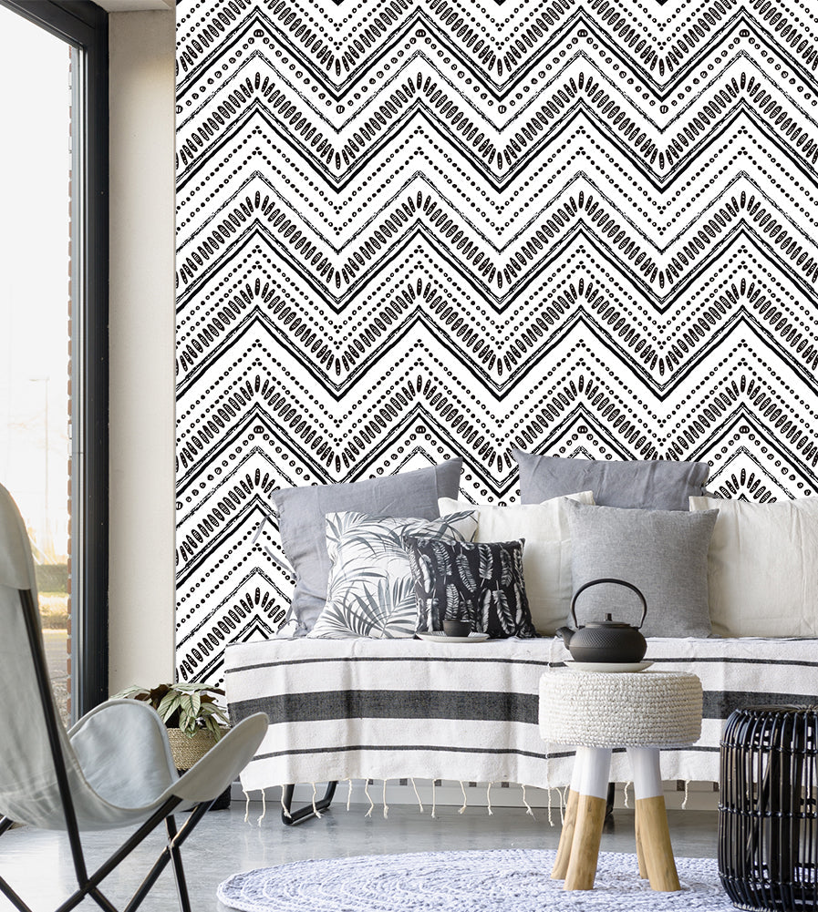 Floralplus Peel and Stick Wallpaper Black Mudcloth Tribal Chevron Dot Boho Removable Self Adhesive Wall Mural for Bathroom Bedroom Living Room