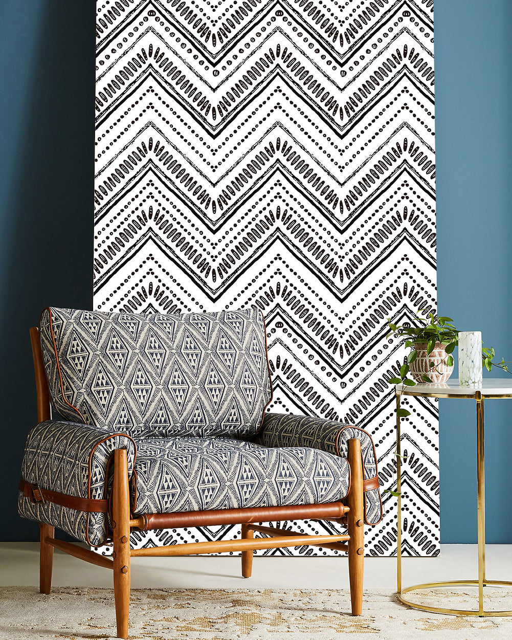 Floralplus Peel and Stick Wallpaper Black Mudcloth Tribal Chevron Dot Boho Removable Self Adhesive Wall Mural for Bathroom Bedroom Living Room