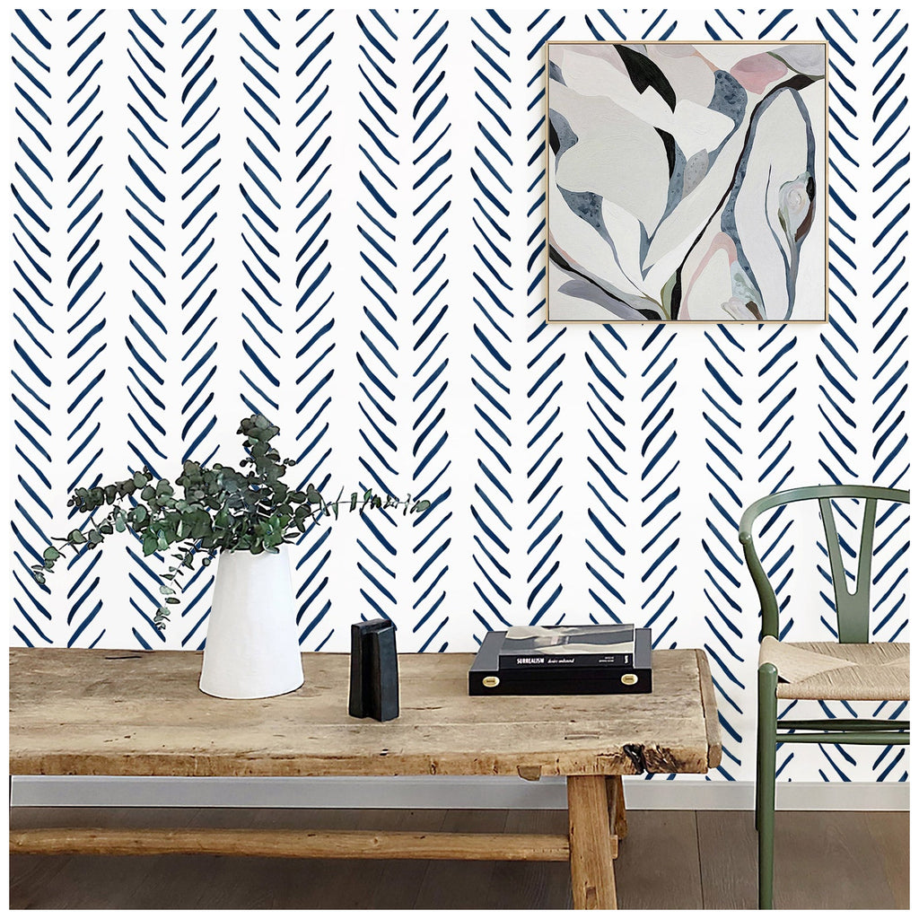 Floralplus Peel and Stick Wallpaper Blue Brush Stripe Herringbone Boho Watercolor Removable Self Adhesive Wall Mural for Bathroom Bedroom Living Room
