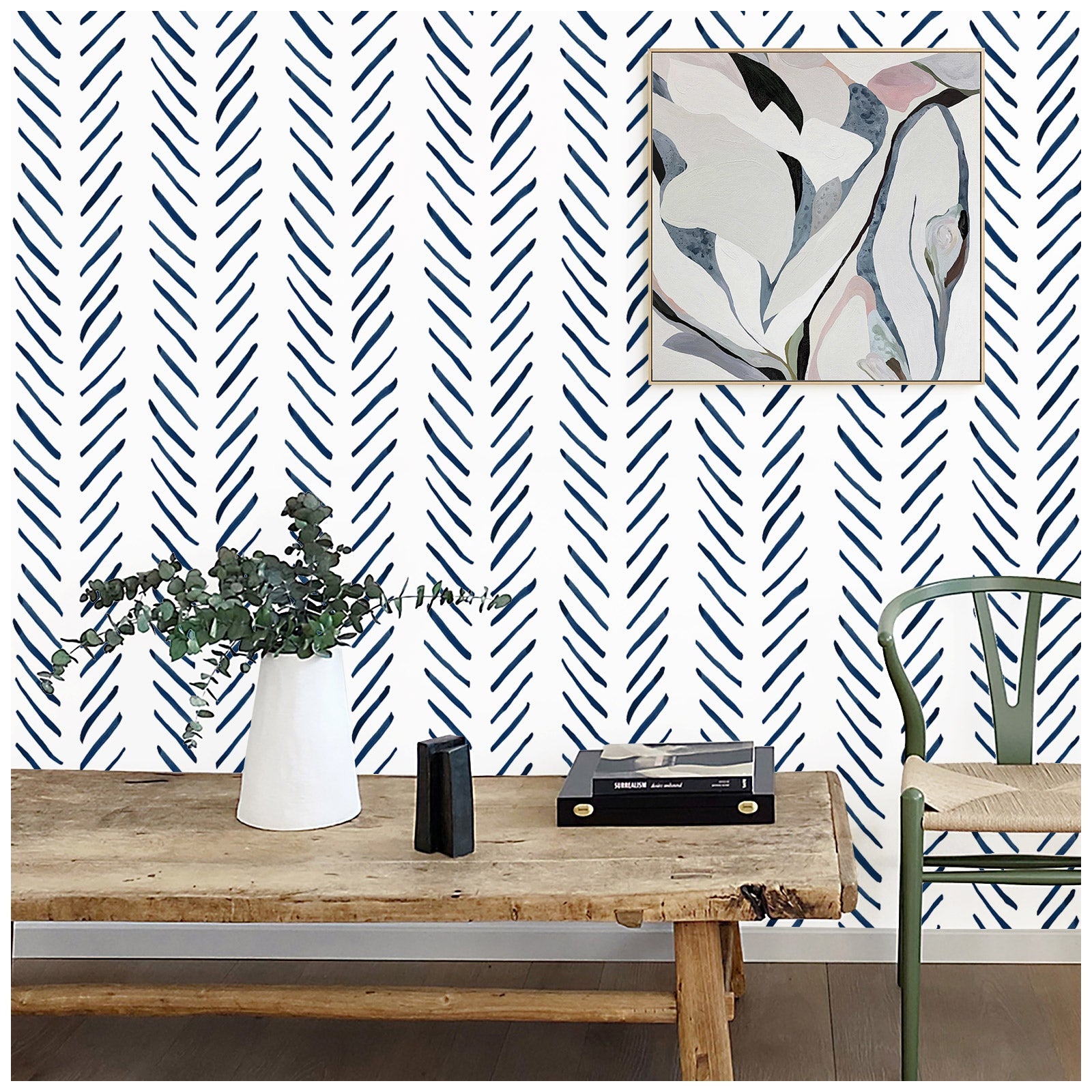 Floralplus Peel and Stick Wallpaper Blue Brush Stripe Herringbone Boho Watercolor Removable Self Adhesive Wall Mural for Bathroom Bedroom Living Room