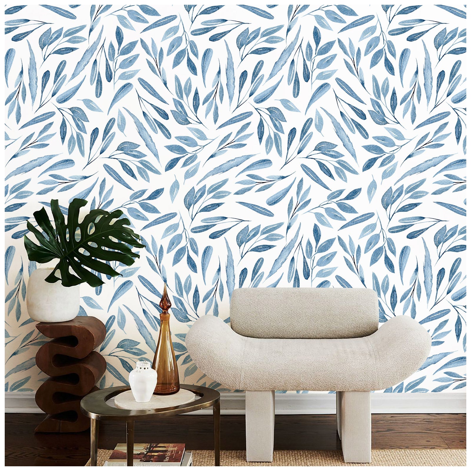 Floralplus Peel and Stick Wallpaper Blue Watercolor Leaf Botanical White Modern Removable Self Adhesive Wall Mural for Bathroom Bedroom Nursery