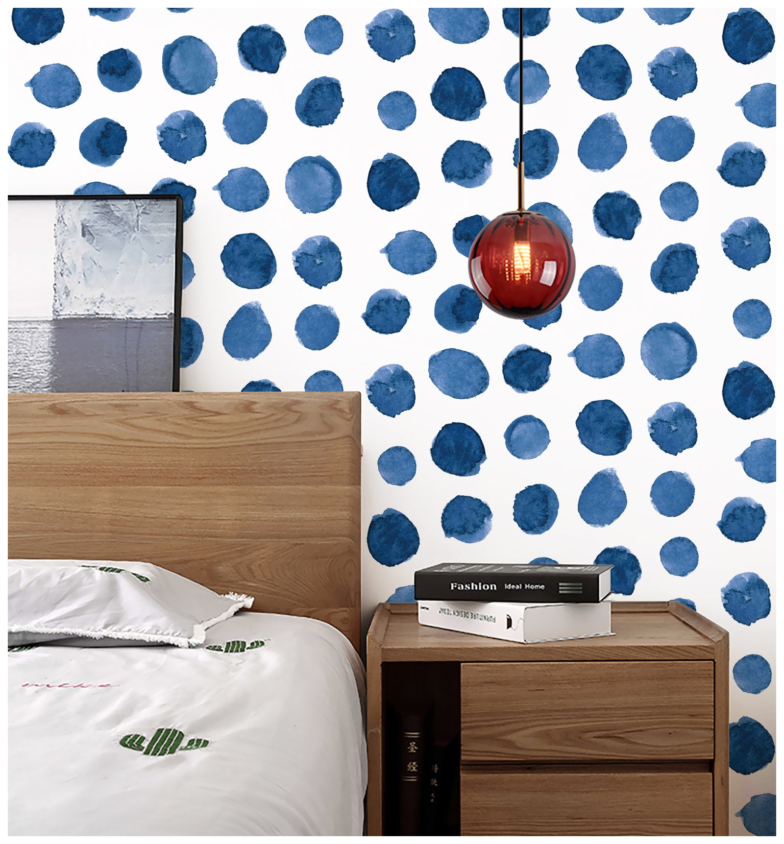 Floralplus Peel and Stick Wallpaper Blue Watercolor Polka Dot Spot Pattern Modern Removable Self Adhesive Wall Mural for Bathroom Nursery Kids Room