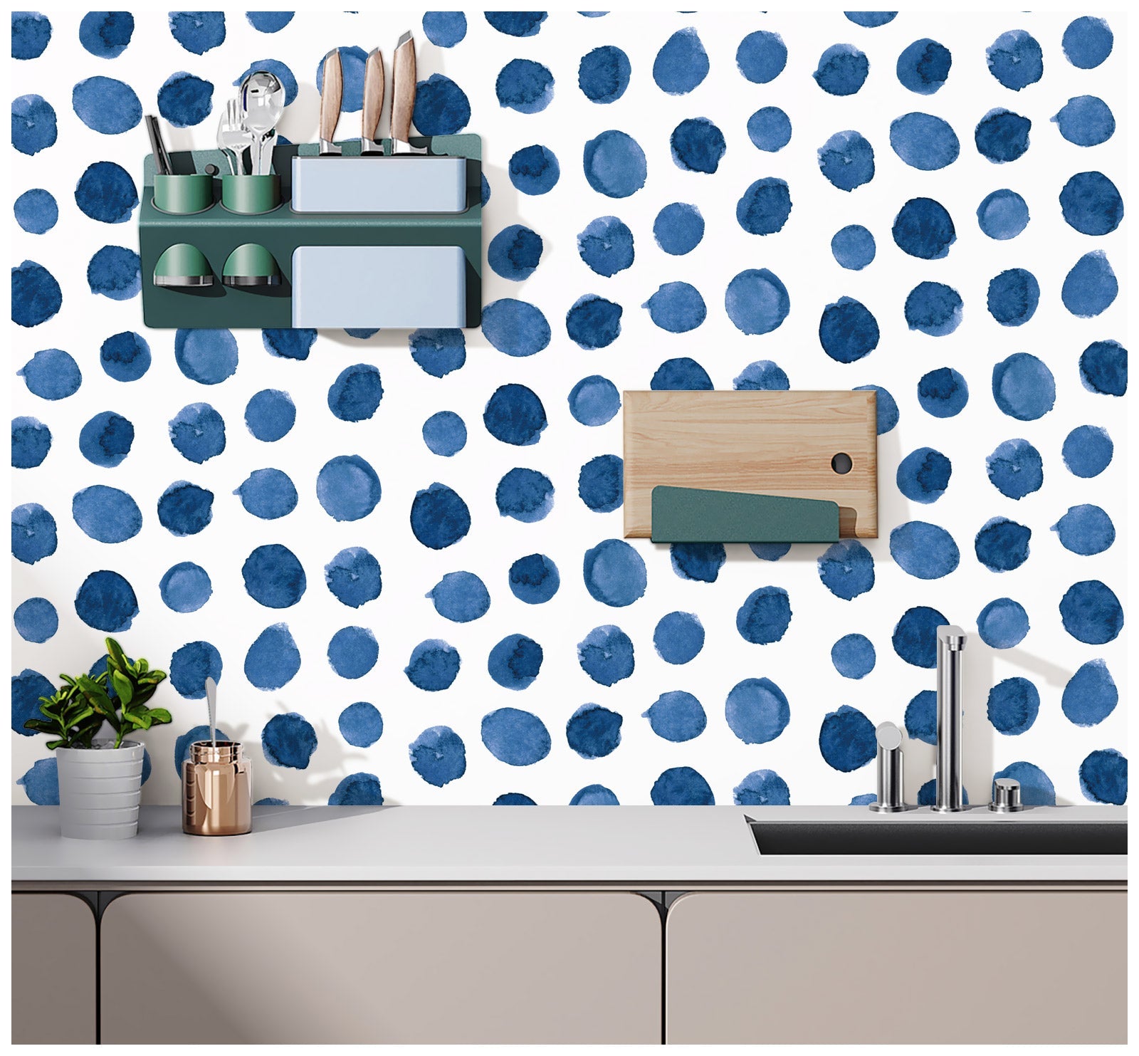 Floralplus Peel and Stick Wallpaper Blue Watercolor Polka Dot Spot Pattern Modern Removable Self Adhesive Wall Mural for Bathroom Nursery Kids Room