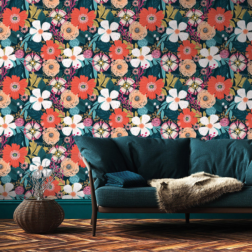 Floralplus Peel and Stick Wallpaper Boho Colorful Floral Navy Botanical Coral White Peach Removable Self Adhesive Wall Mural for Bedroom Living Room Nursery