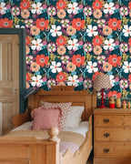 Floralplus Peel and Stick Wallpaper Boho Colorful Floral Navy Botanical Coral White Peach Removable Self Adhesive Wall Mural for Bedroom Living Room Nursery