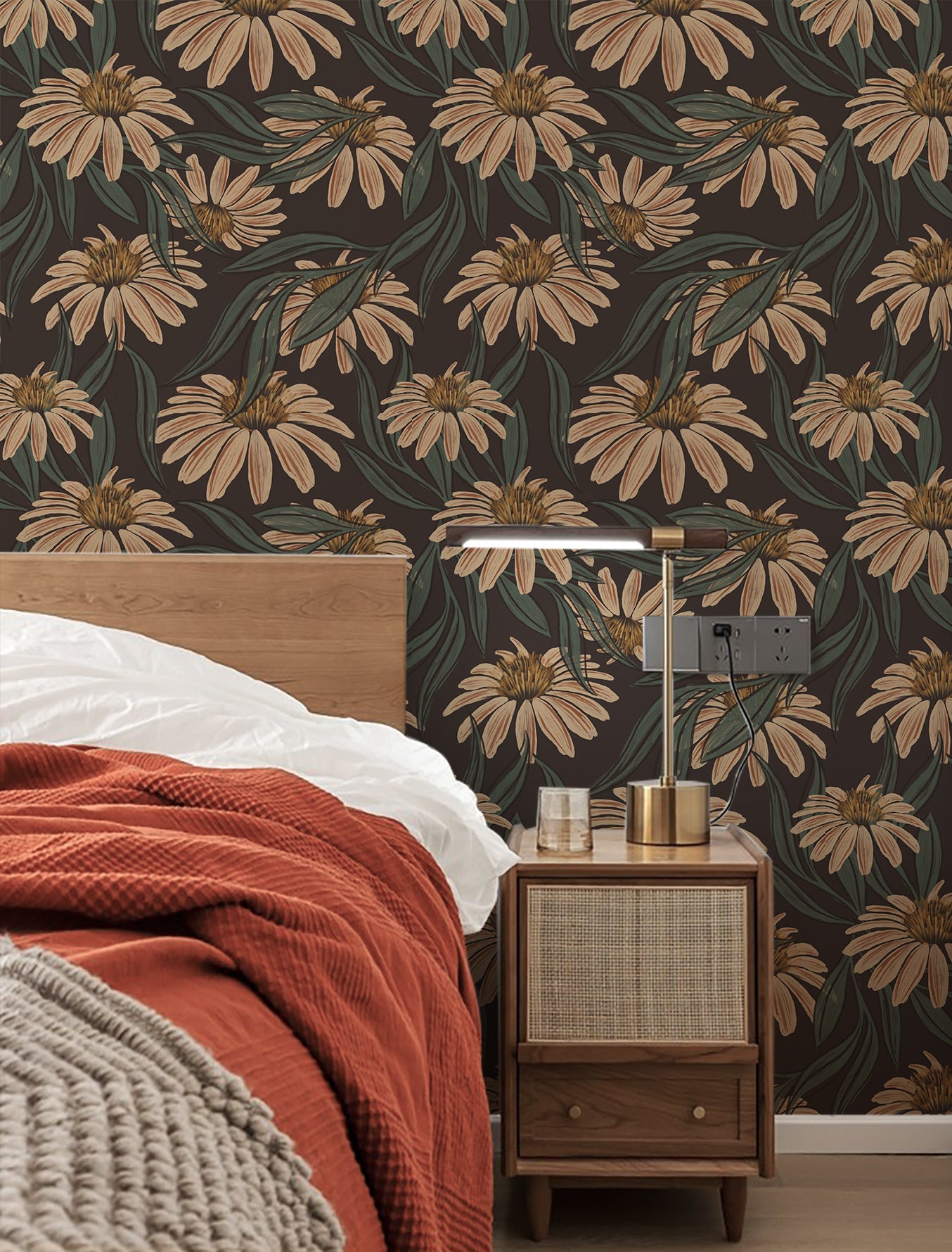 Floralplus Peel and Stick Wallpaper Boho Dark Brown Daisy Floral Botanical Removable Self Adhesive Wall Mural for Bedroom Living Room Nursery