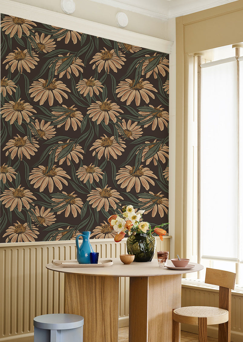 Floralplus Peel and Stick Wallpaper Boho Dark Brown Daisy Floral Botanical Removable Self Adhesive Wall Mural for Bedroom Living Room Nursery