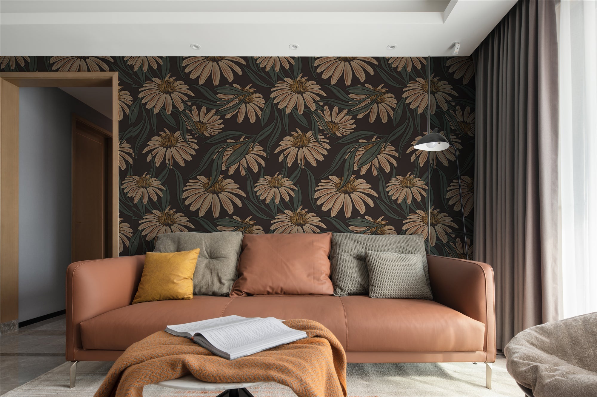 Floralplus Peel and Stick Wallpaper Boho Dark Brown Daisy Floral Botanical Removable Self Adhesive Wall Mural for Bedroom Living Room Nursery