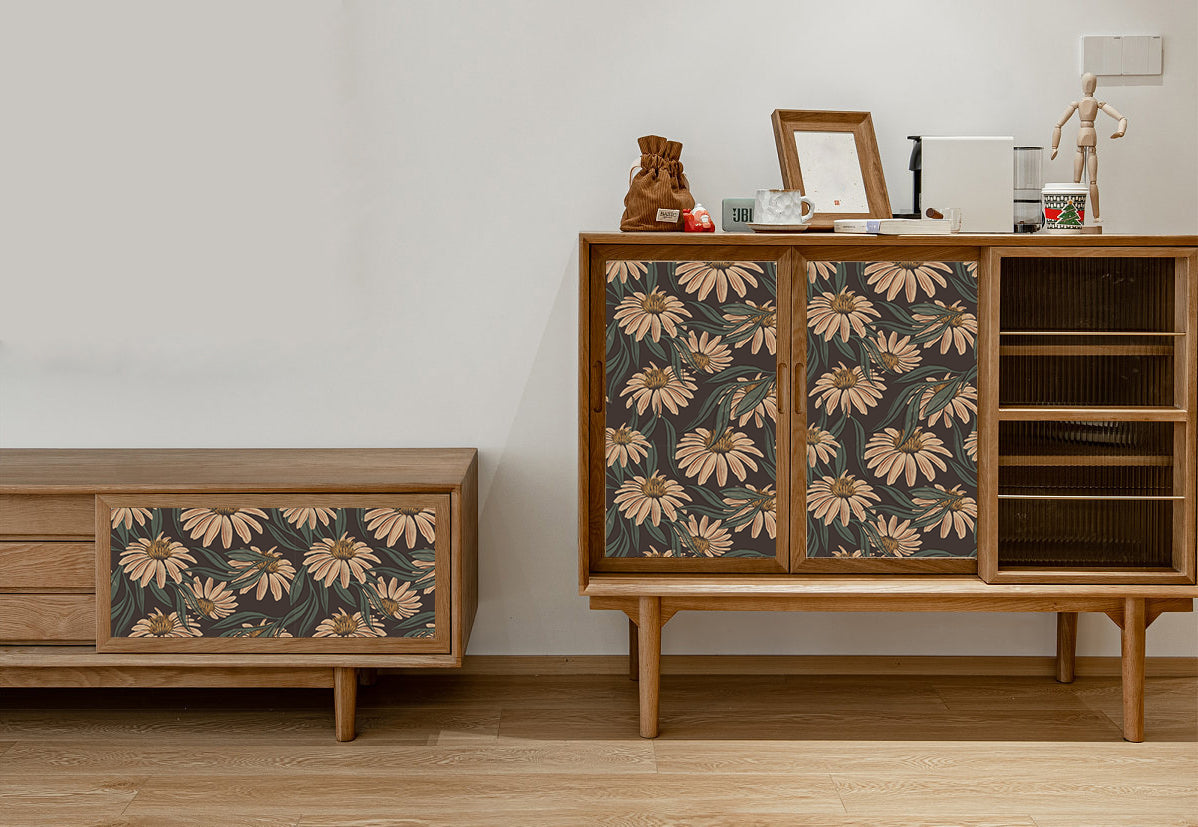 Floralplus Peel and Stick Wallpaper Boho Dark Brown Daisy Floral Botanical Removable Self Adhesive Wall Mural for Bedroom Living Room Nursery