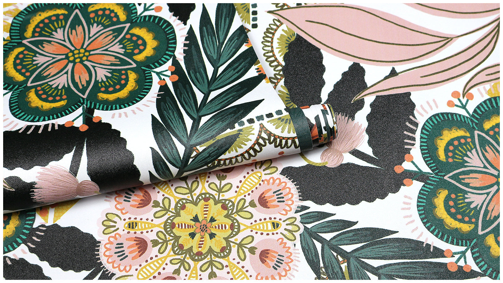 Floralplus Peel and Stick Wallpaper Boho Floral Jungle Botanical Teal Mustard Pink Removable Self Adhesive Wall Mural for Bathroom Bedroom Living Room Nursery