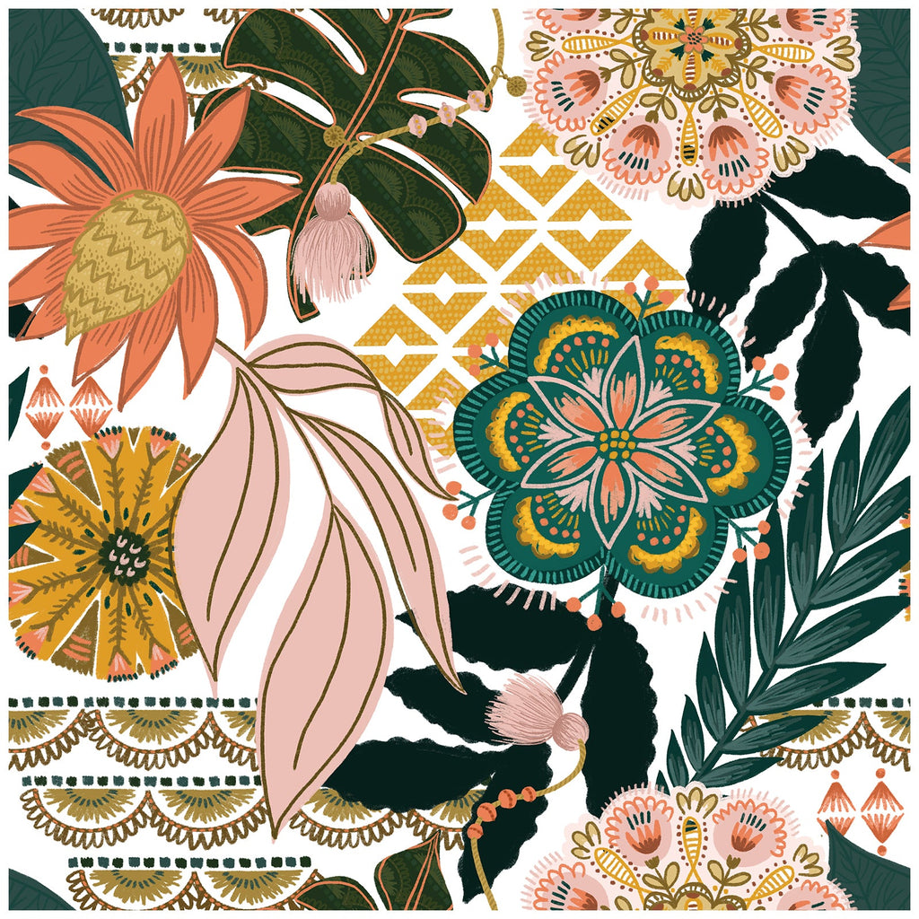 Floralplus Peel and Stick Wallpaper Boho Floral Jungle Botanical Teal Mustard Pink Removable Self Adhesive Wall Mural for Bathroom Bedroom Living Room Nursery